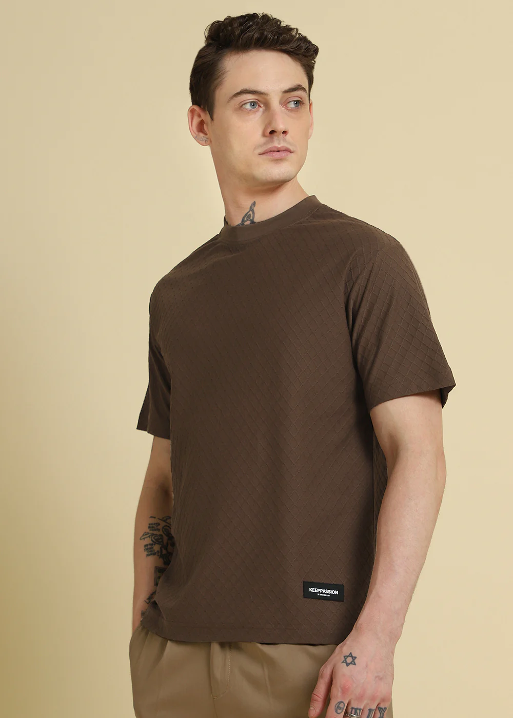 Brown Plain Textured Regular T-shirt - Image 5