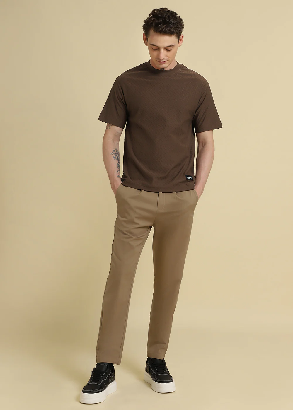 Brown Plain Textured Regular T-shirt - Image 6