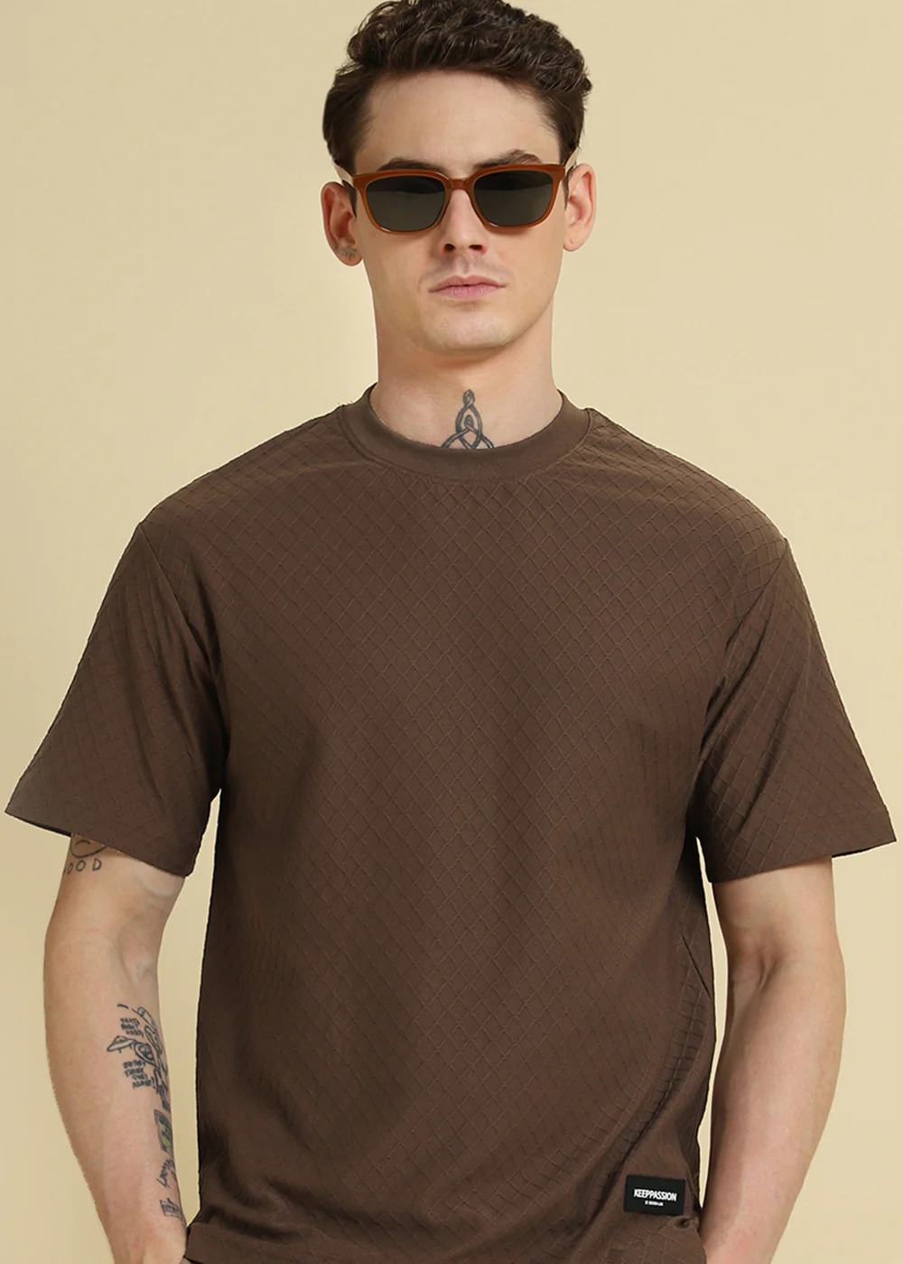 Brown Plain Textured Regular T-shirt - Image 7