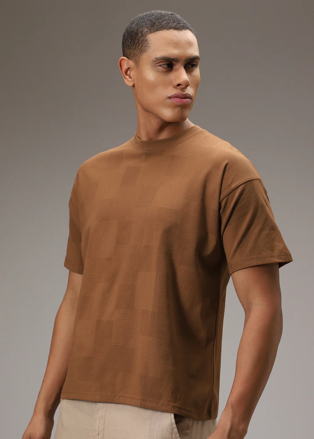 Brown Plain Waffle Texture Regular T-shirt - Image 3