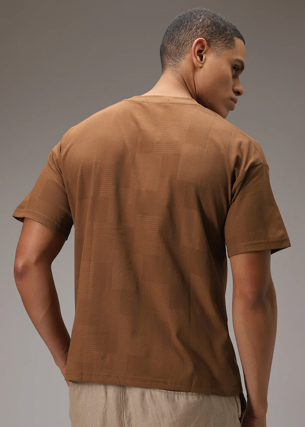 Brown Plain Waffle Texture Regular T-shirt - Image 4