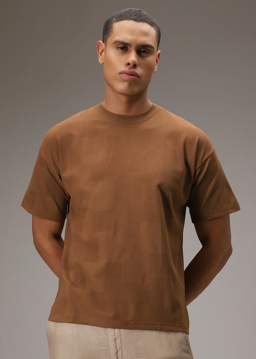 Brown Plain Waffle Texture Regular T-shirt - Image 5
