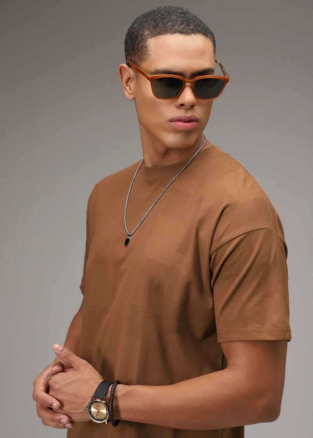 Brown Plain Waffle Texture Regular T-shirt - Image 7