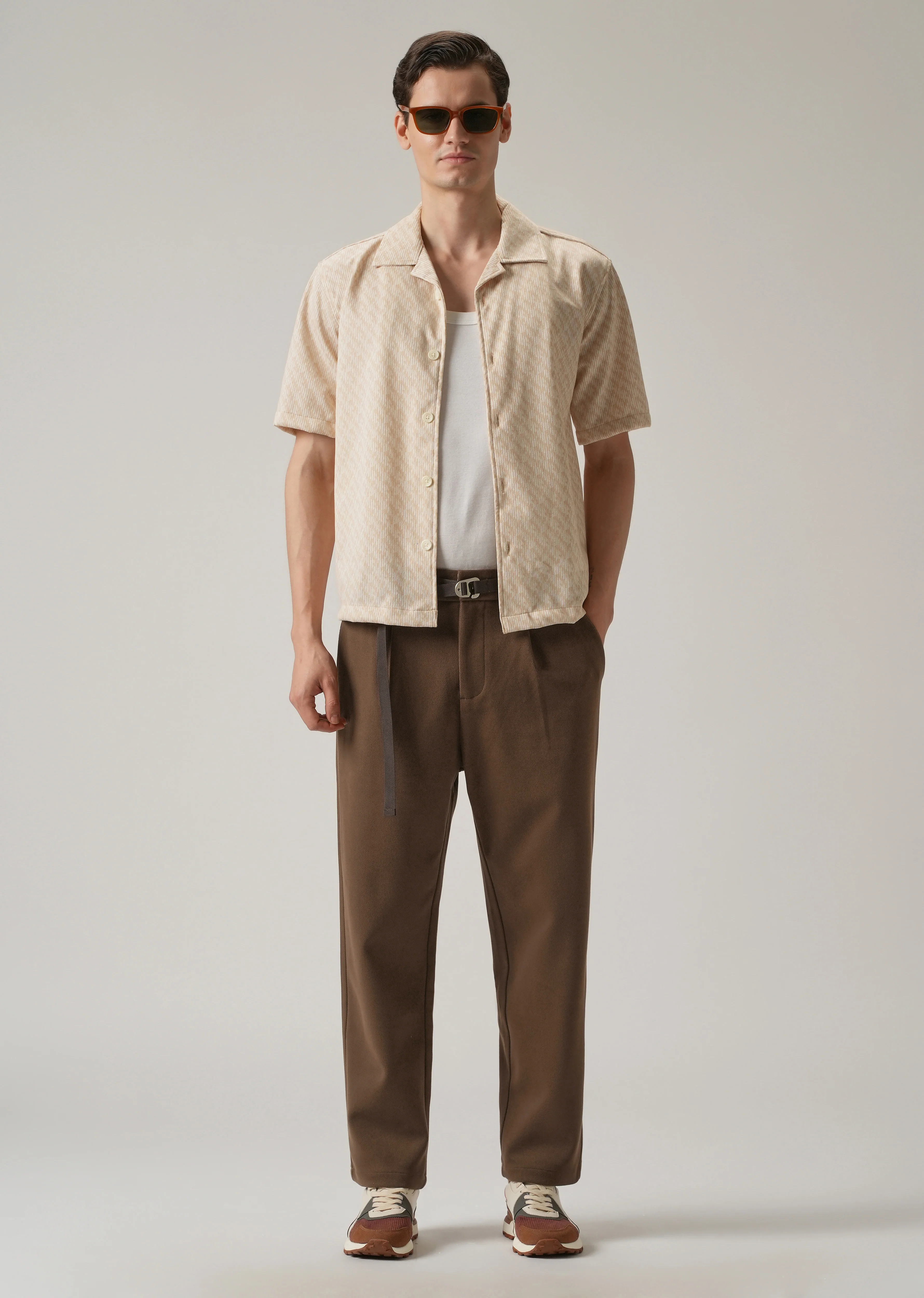 Brown Relaxed Fit Textured Pleated Pant - Image 6
