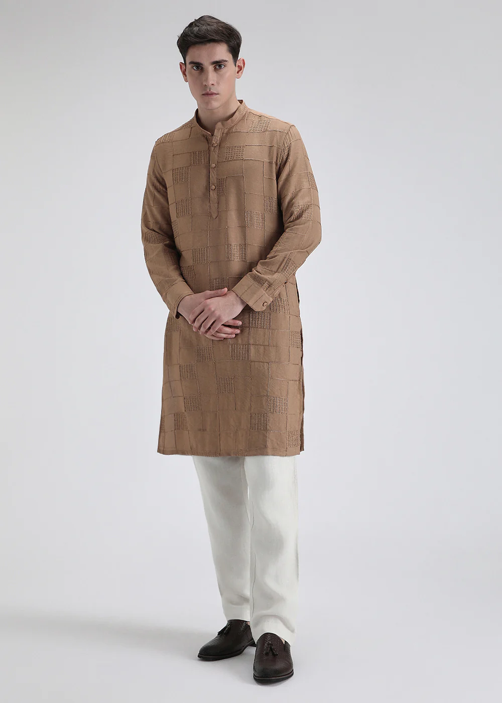 Brown Self Thread Embroidered Kurta - Image 3
