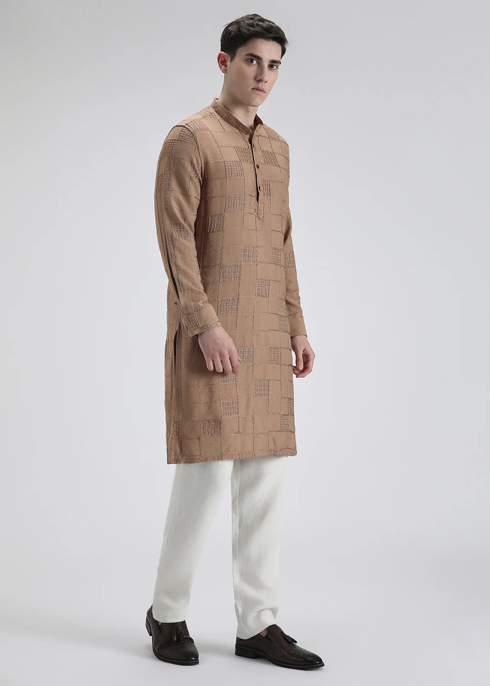 Brown Self Thread Embroidered Kurta - Image 5