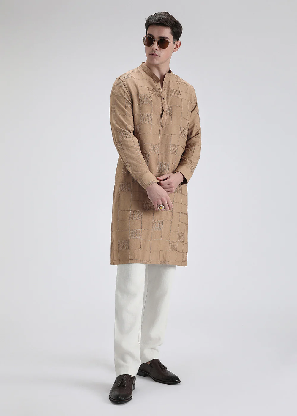 Brown Self Thread Embroidered Kurta - Image 6
