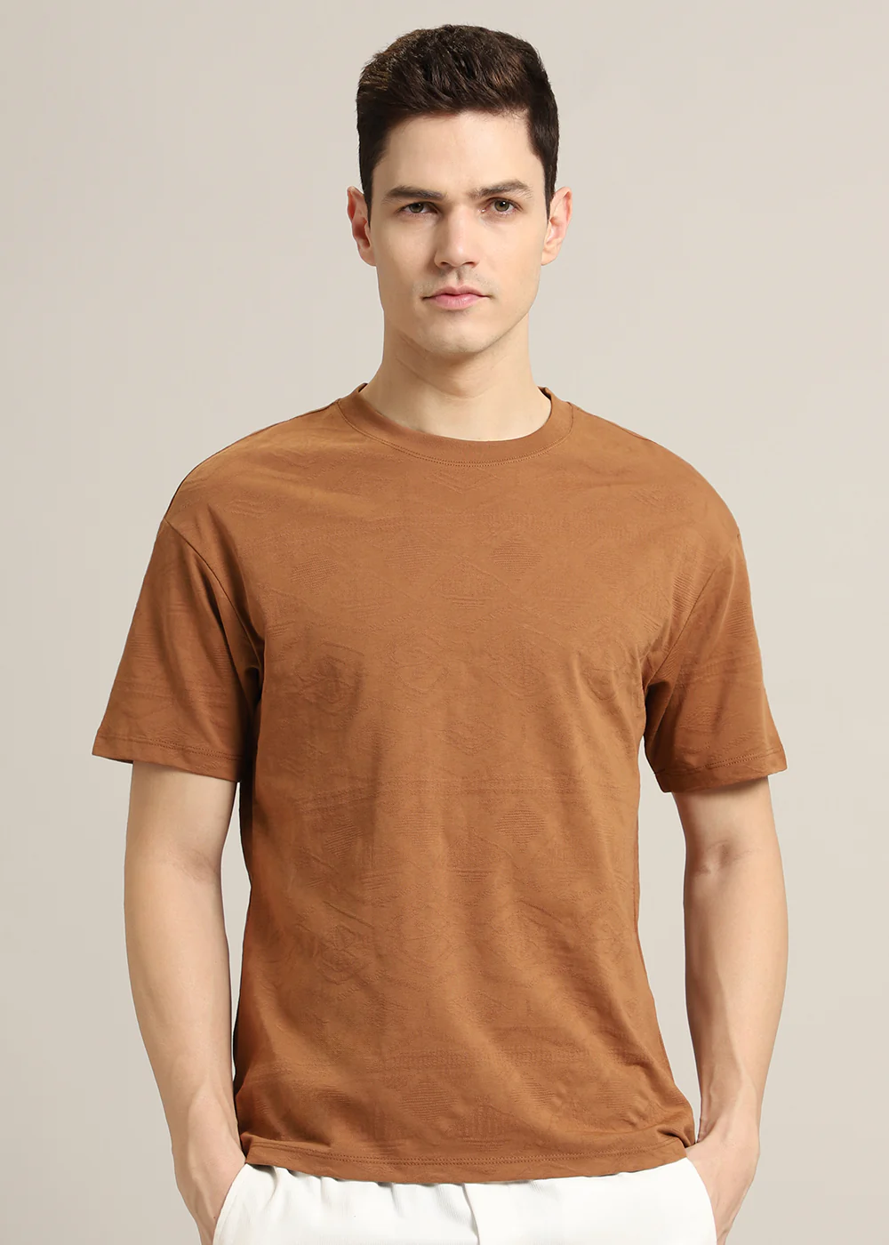 Brown Self Pattern Regular T-Shirt - Image 3
