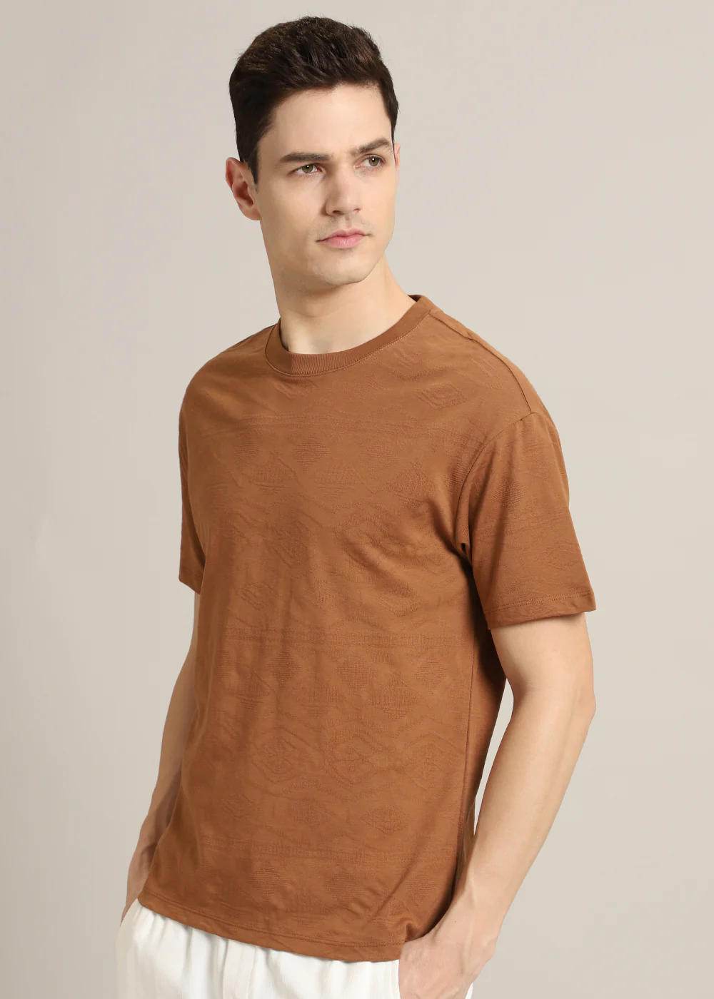 Brown Self Pattern Regular T-Shirt - Image 5