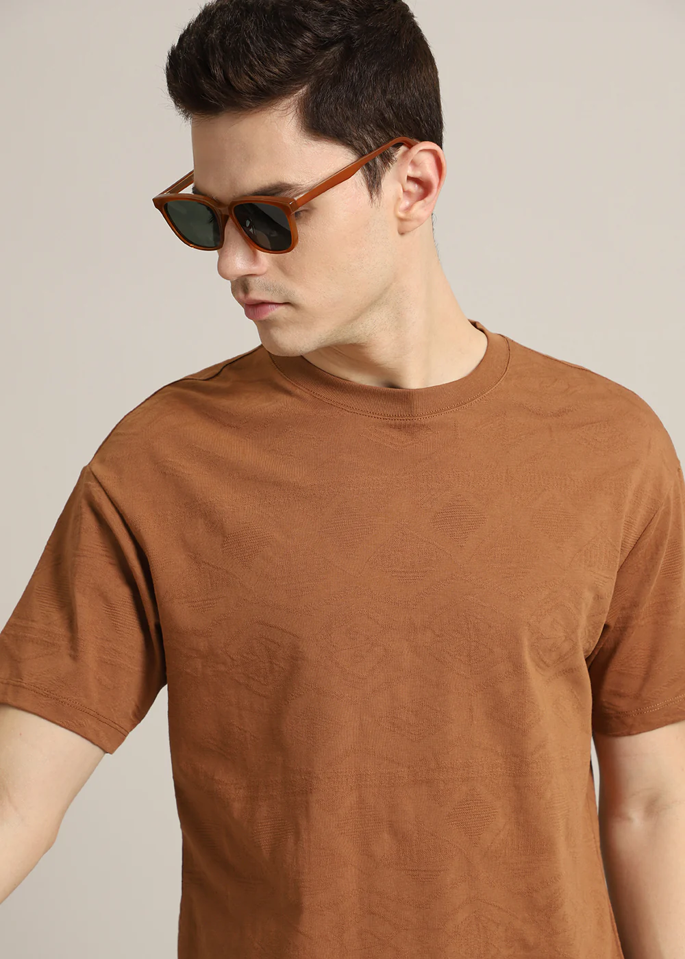 Brown Self Pattern Regular T-Shirt - Image 7