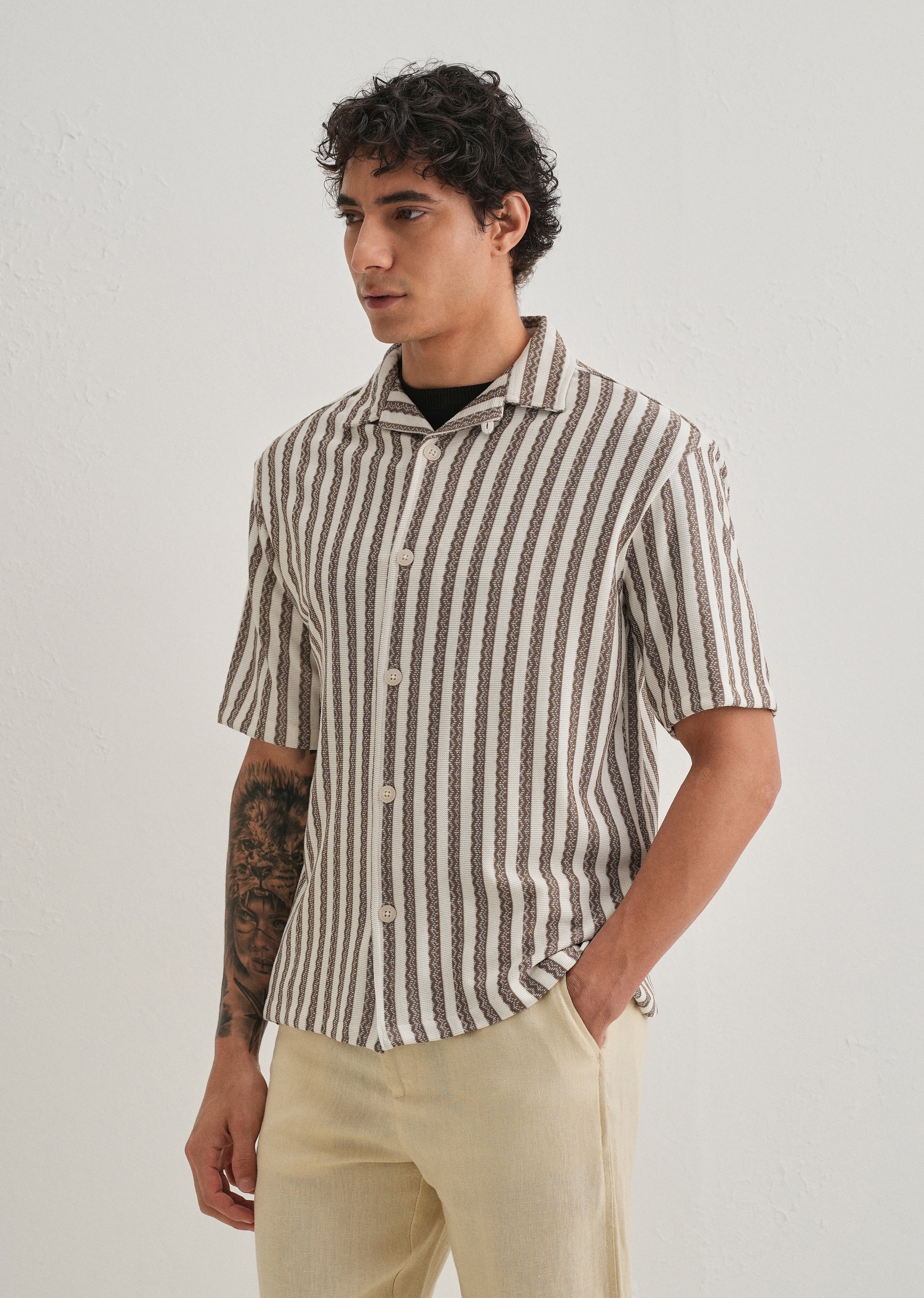 Brown Striped Knit Cuban Collar Shirt - Image 4