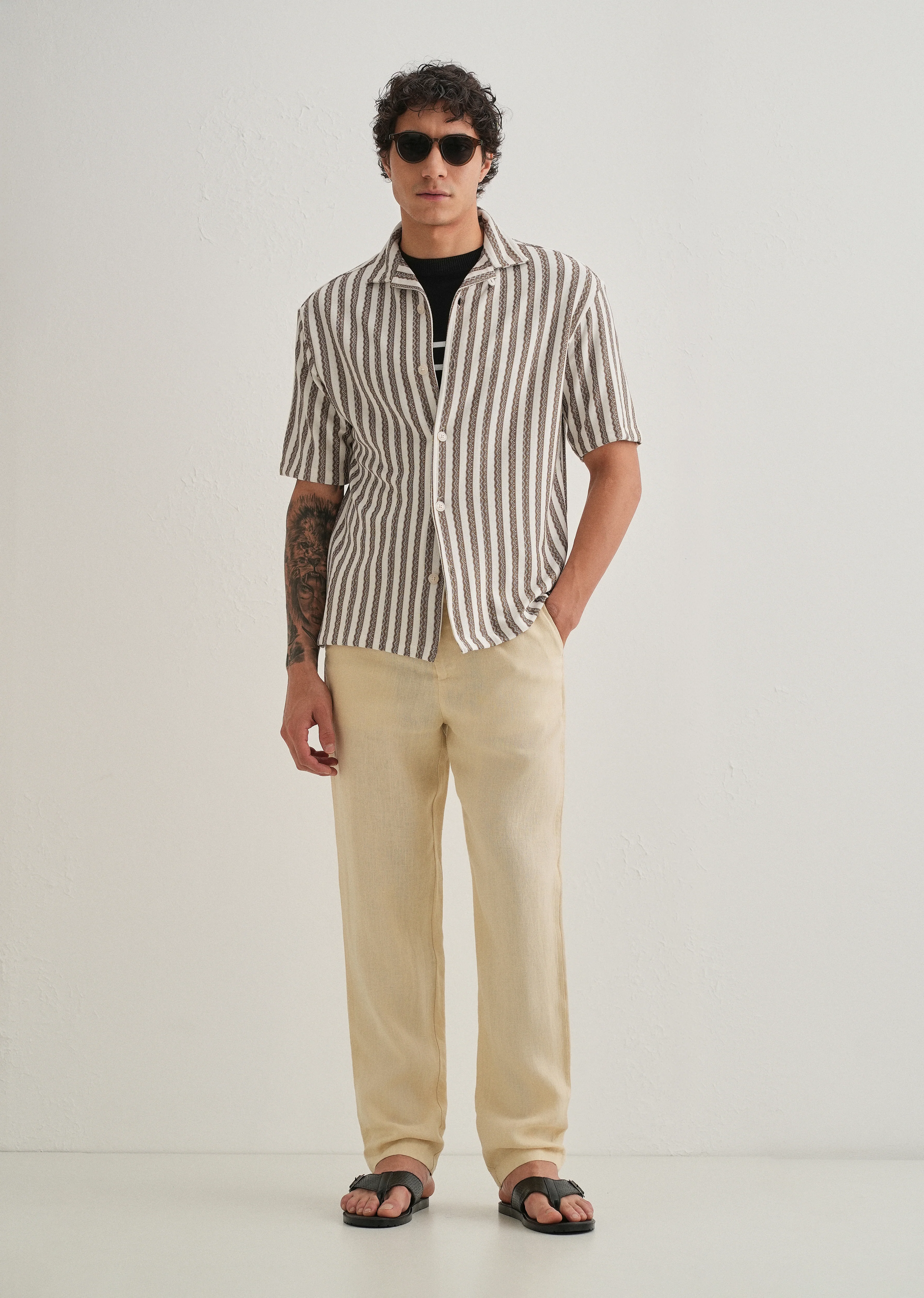 Brown Striped Knit Cuban Collar Shirt - Image 5