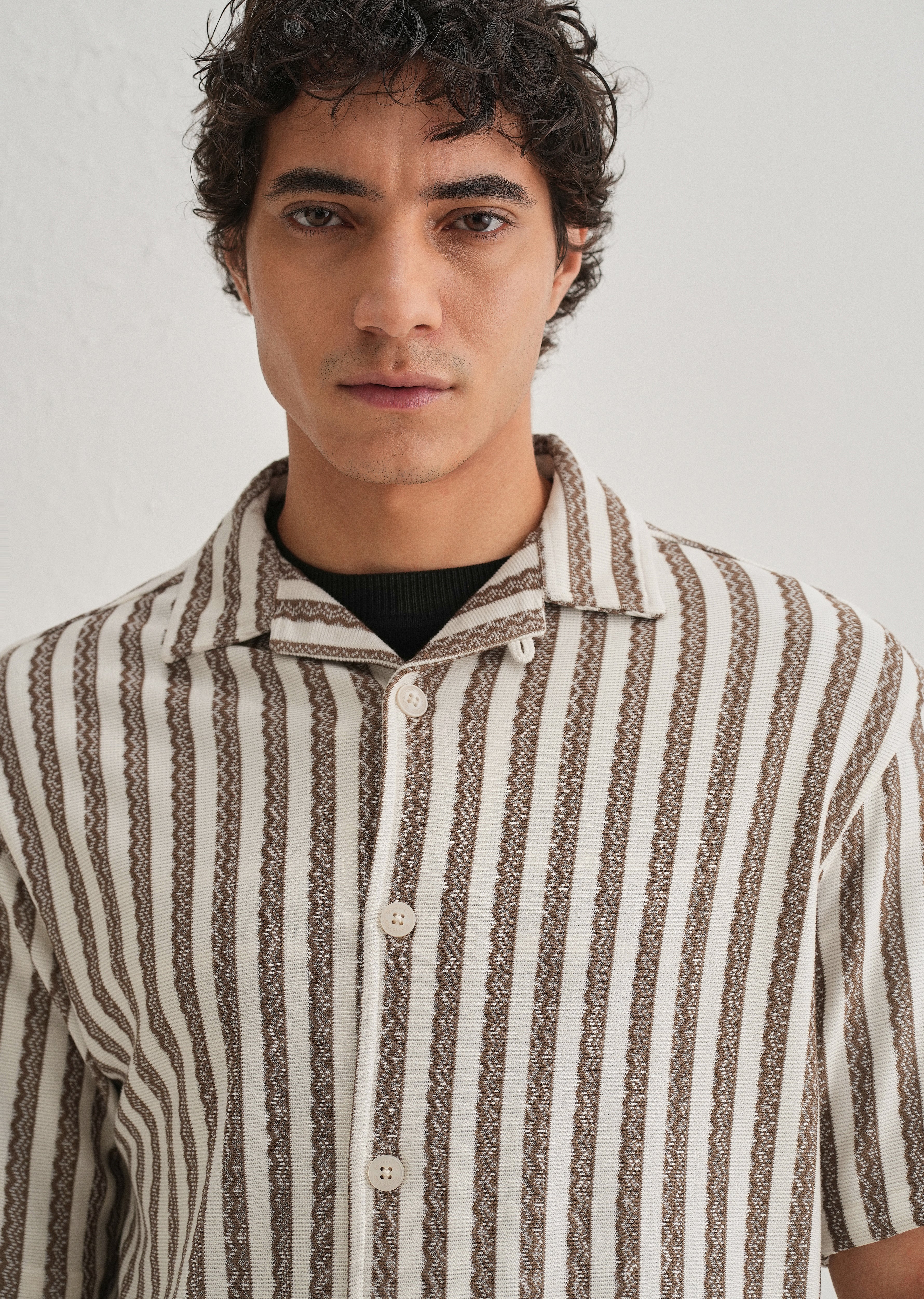 Brown Striped Knit Cuban Collar Shirt - Image 6