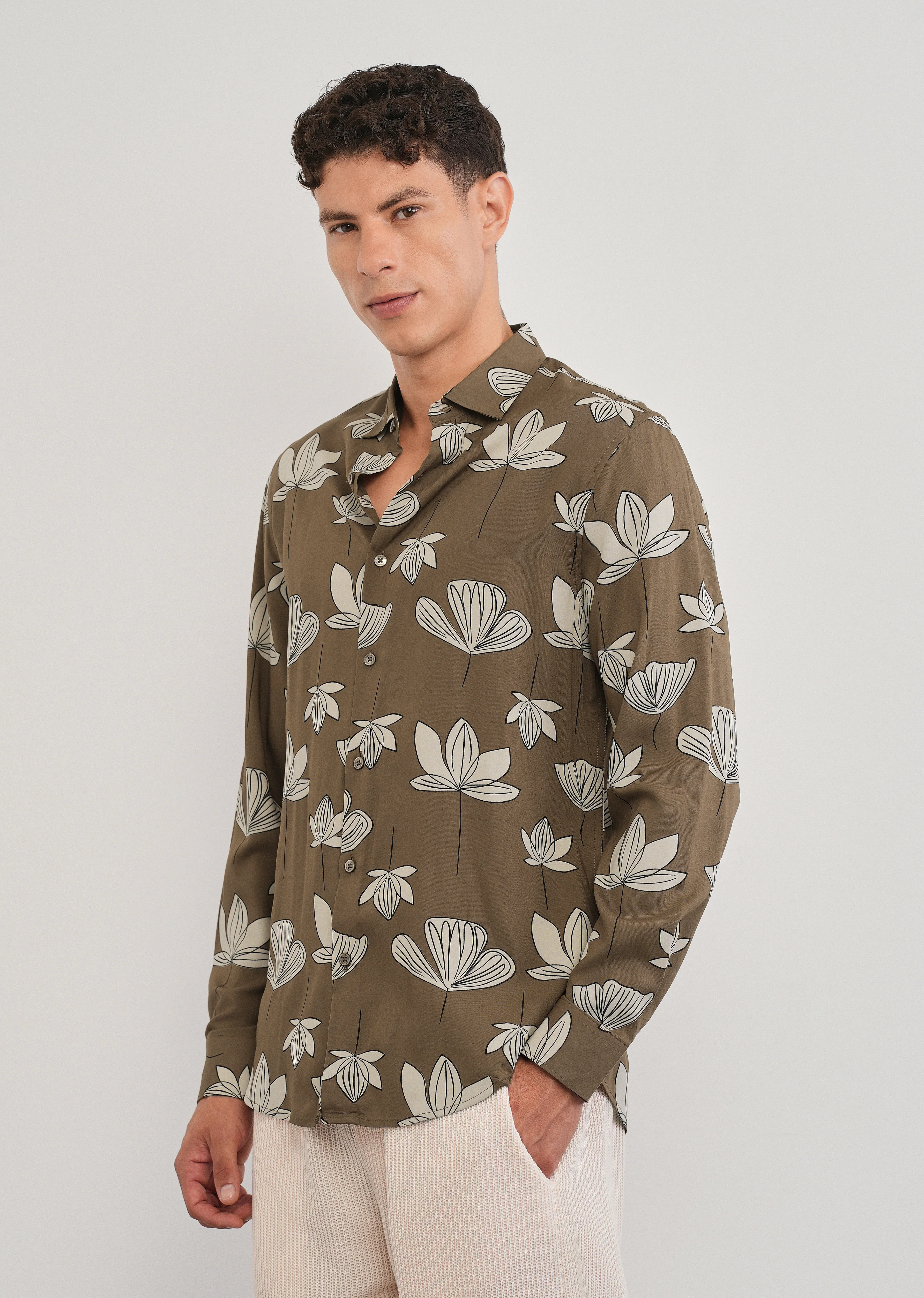 Brown Stylized Floral Print Shirt - Image 4