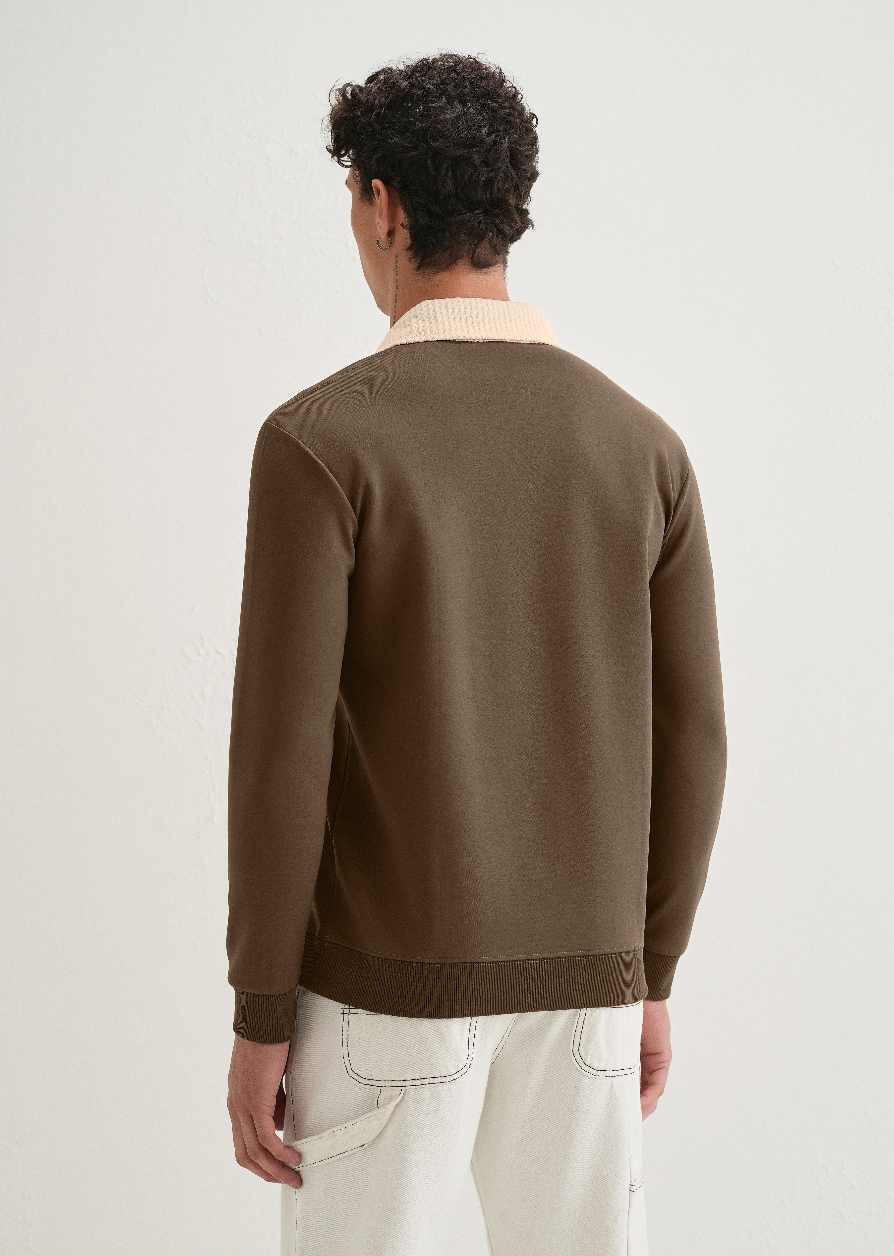 Brown Suede Collared Polo Sweatshirt - Image 2
