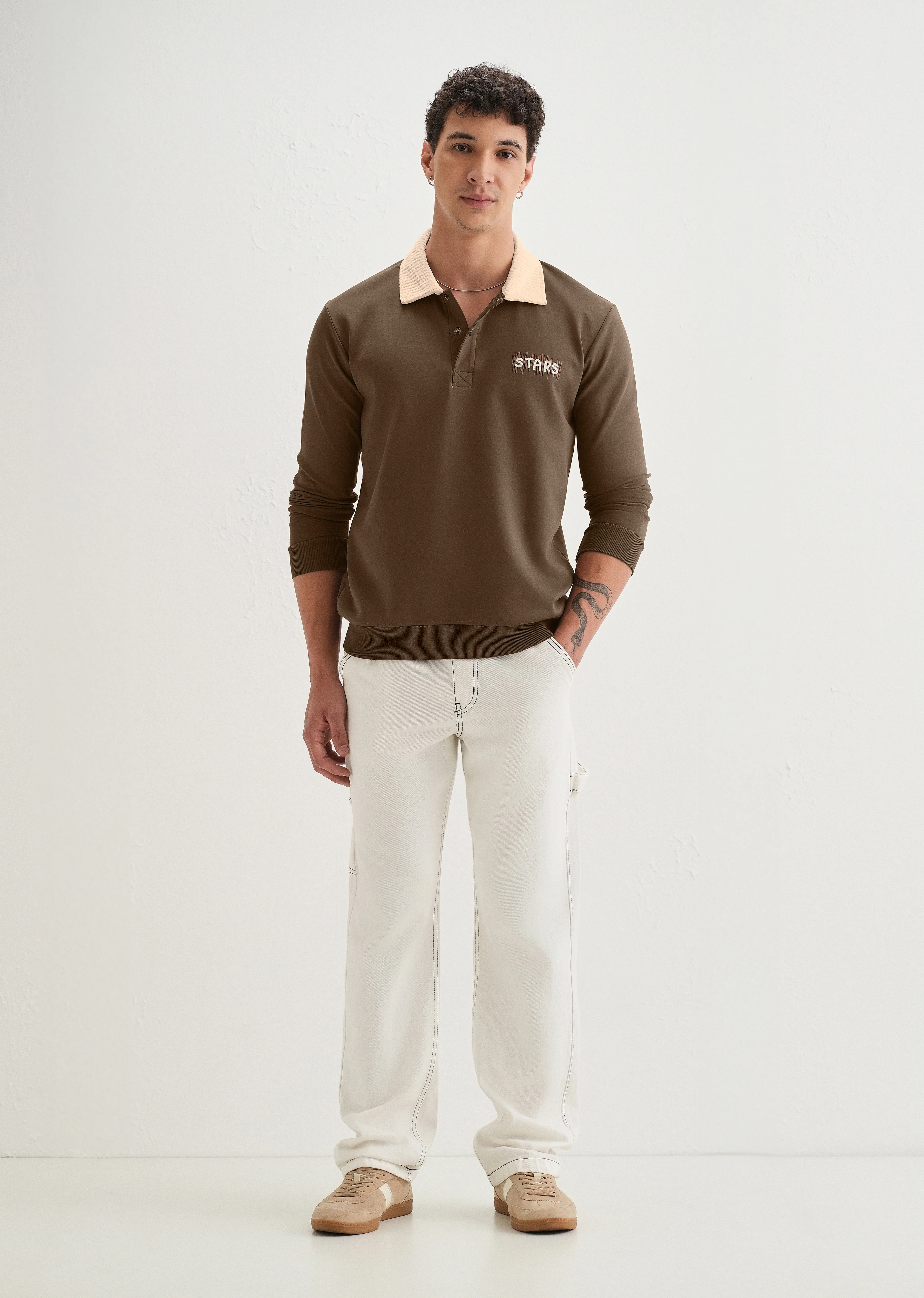 Brown Suede Collared Polo Sweatshirt - Image 6