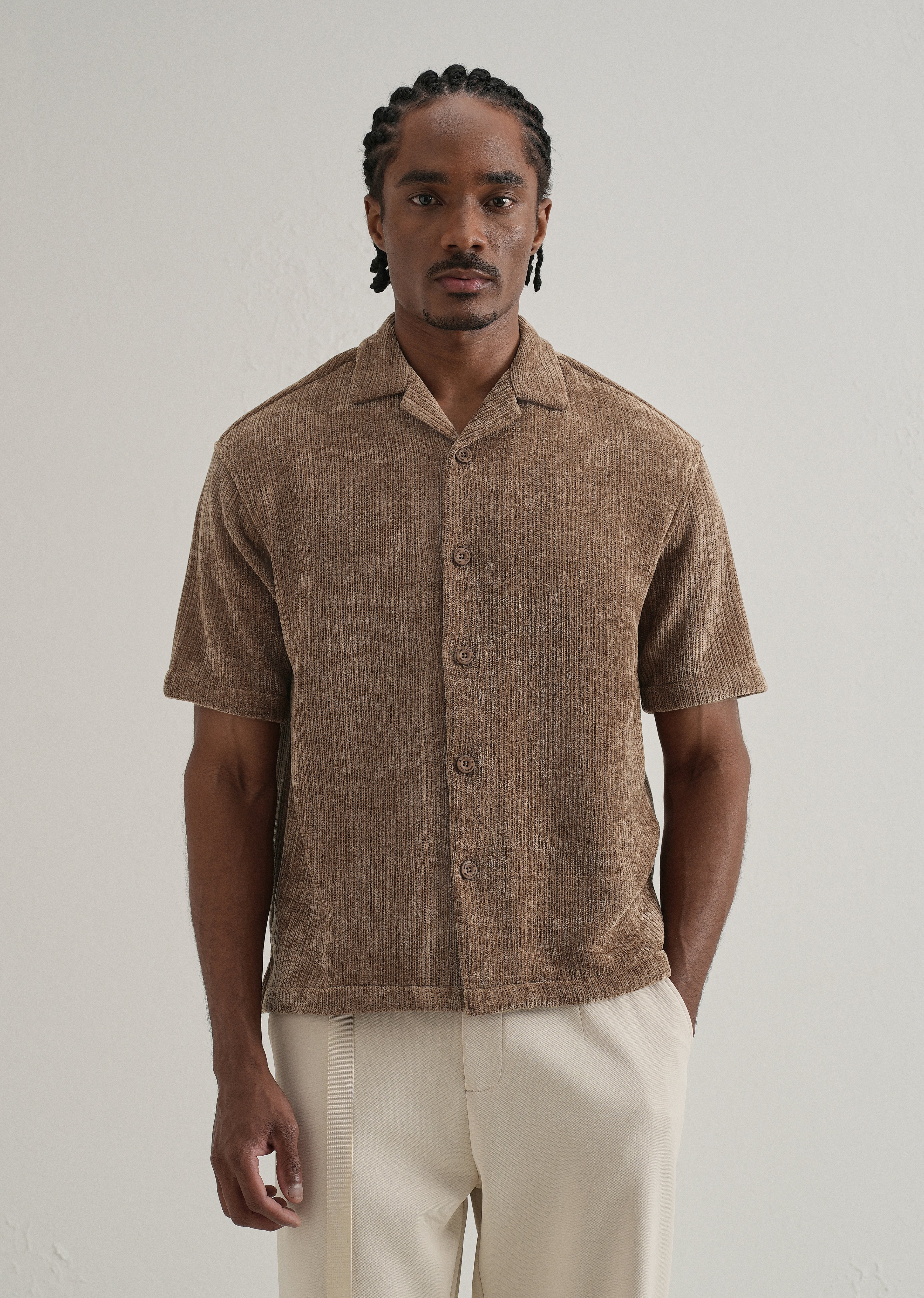Brown Suede Knit Cuban Collar Shirt - Image 3