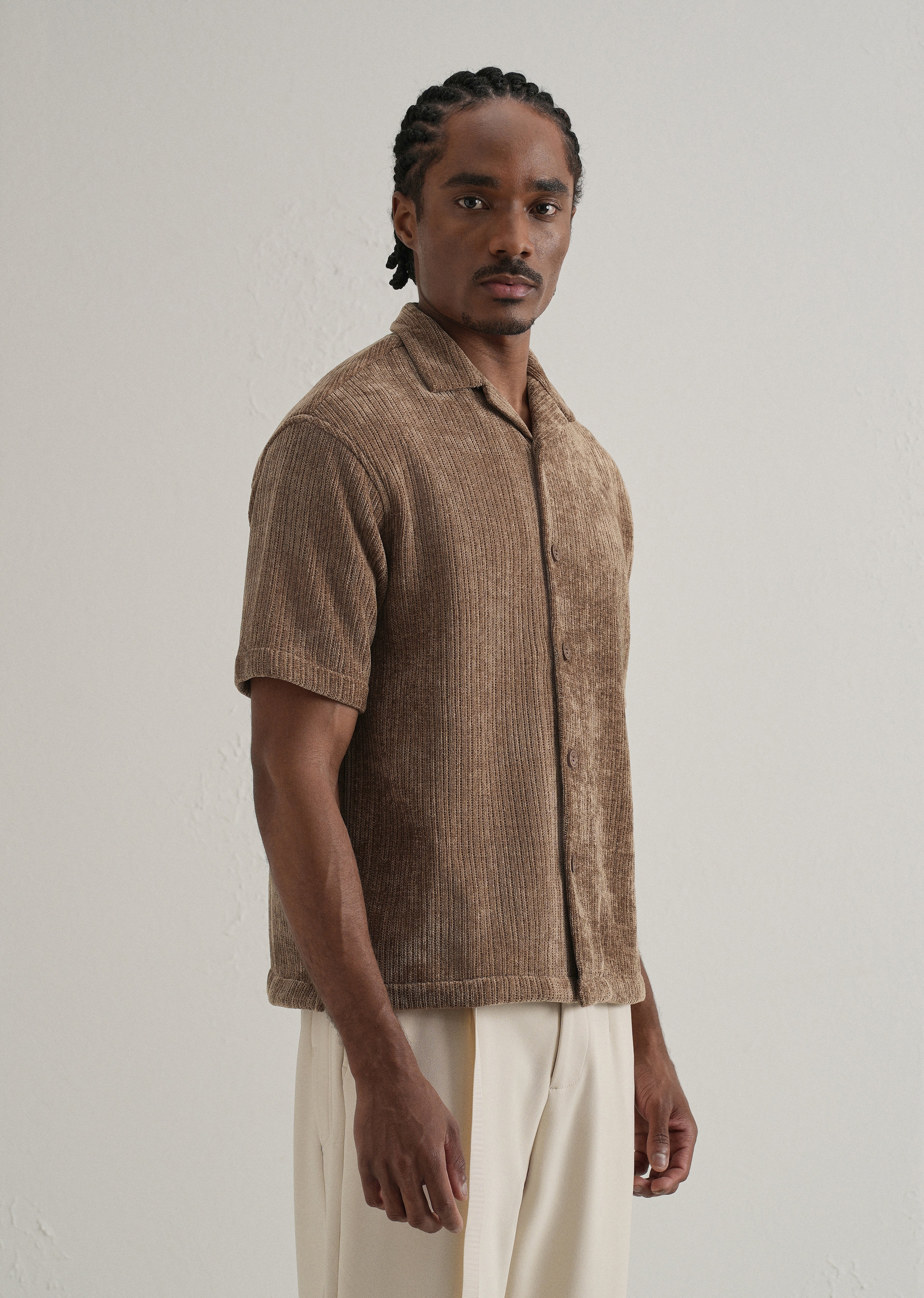Brown Suede Knit Cuban Collar Shirt - Image 4