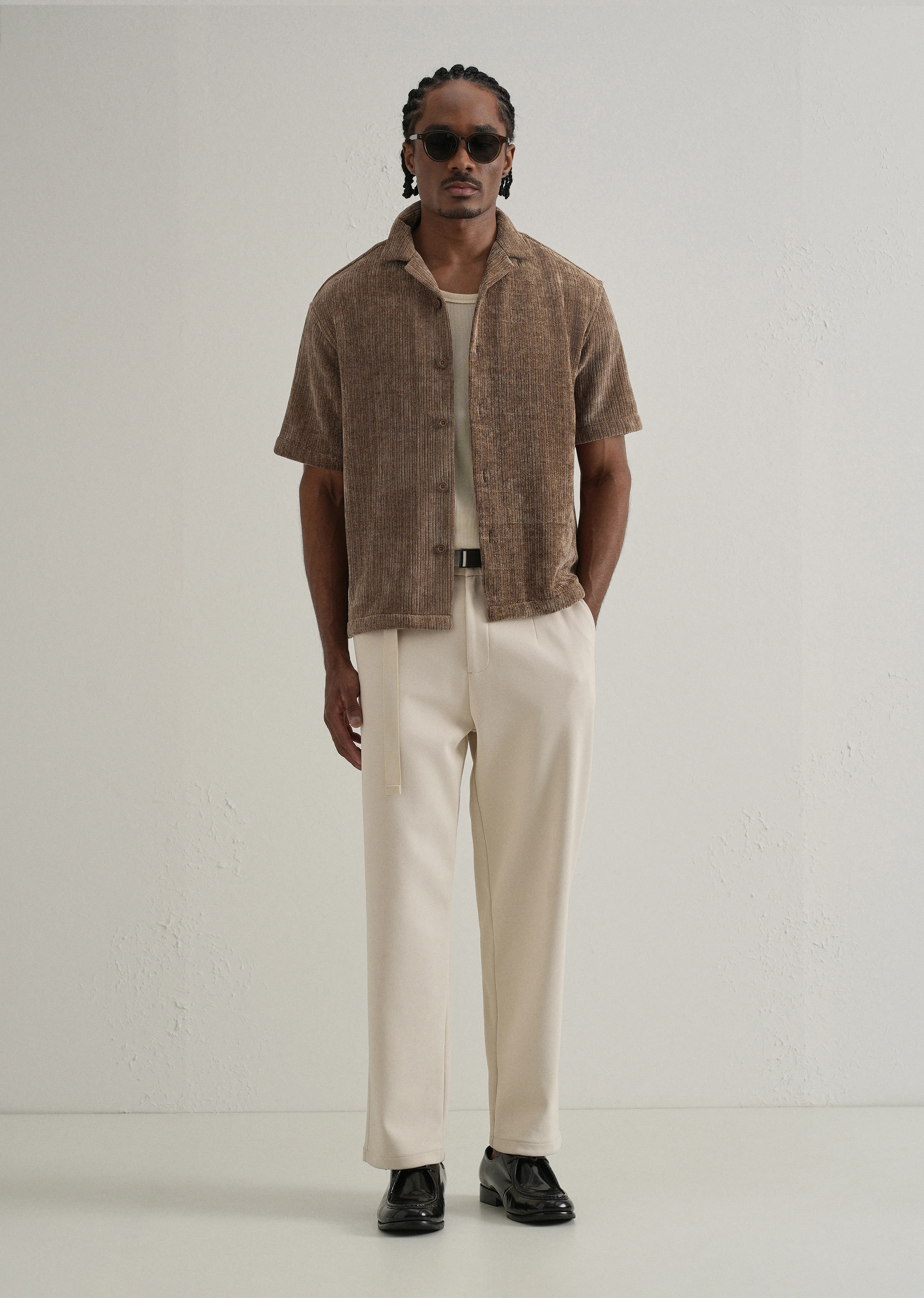 Brown Suede Knit Cuban Collar Shirt - Image 6