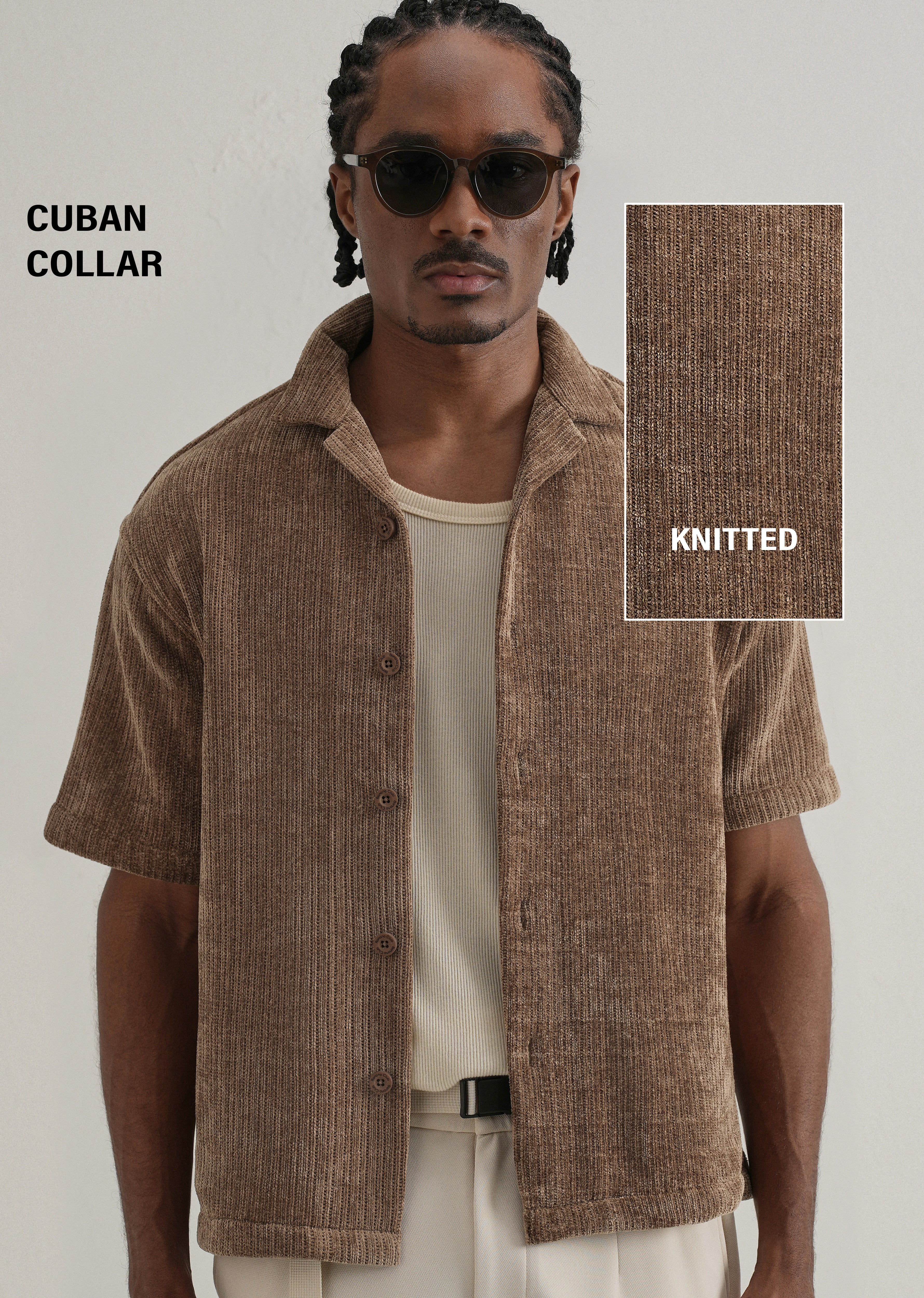 Brown Suede Knit Cuban Collar Shirt - Image 7