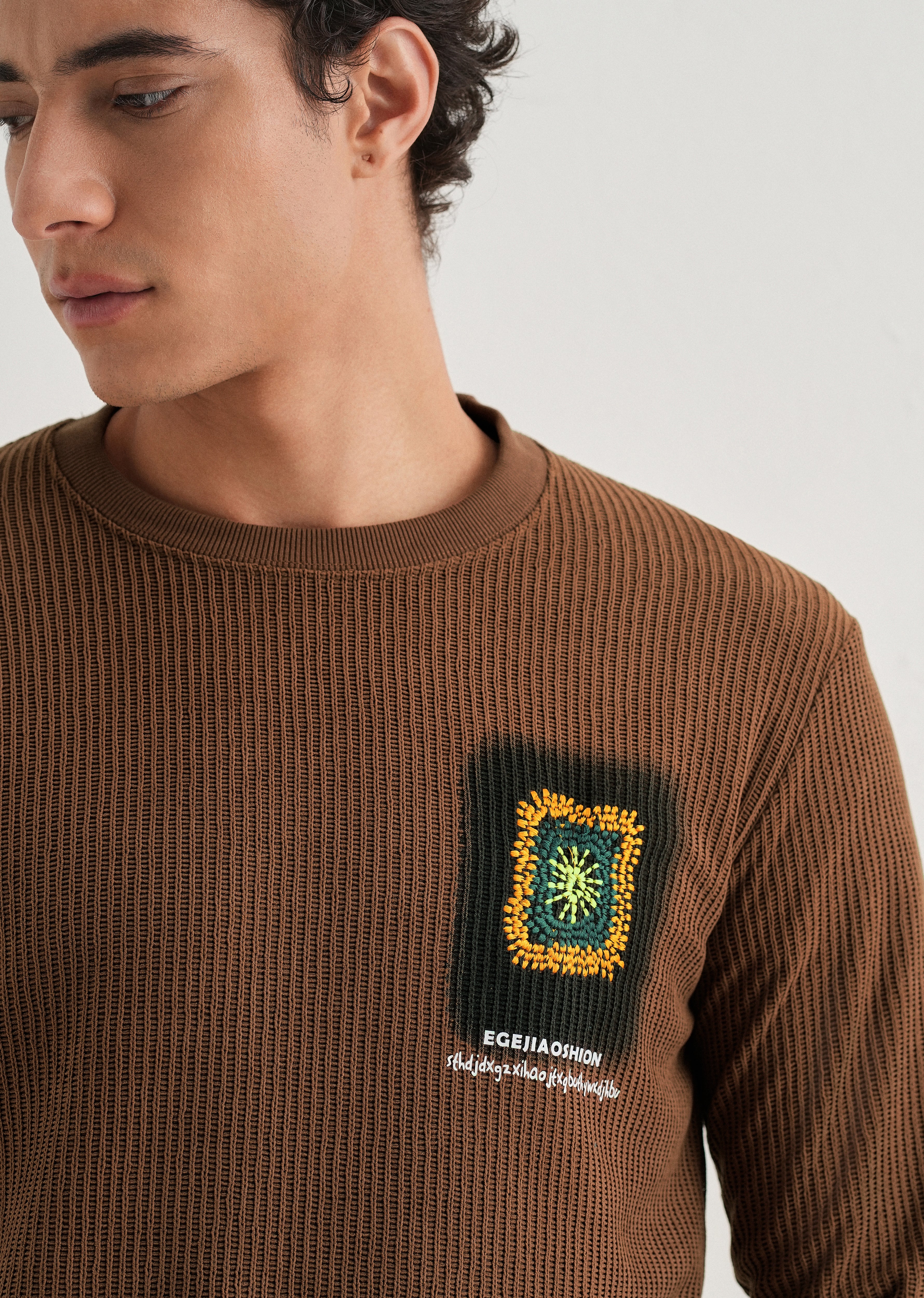 Brown Waffle Knit Embroidered Pullover - Image 2