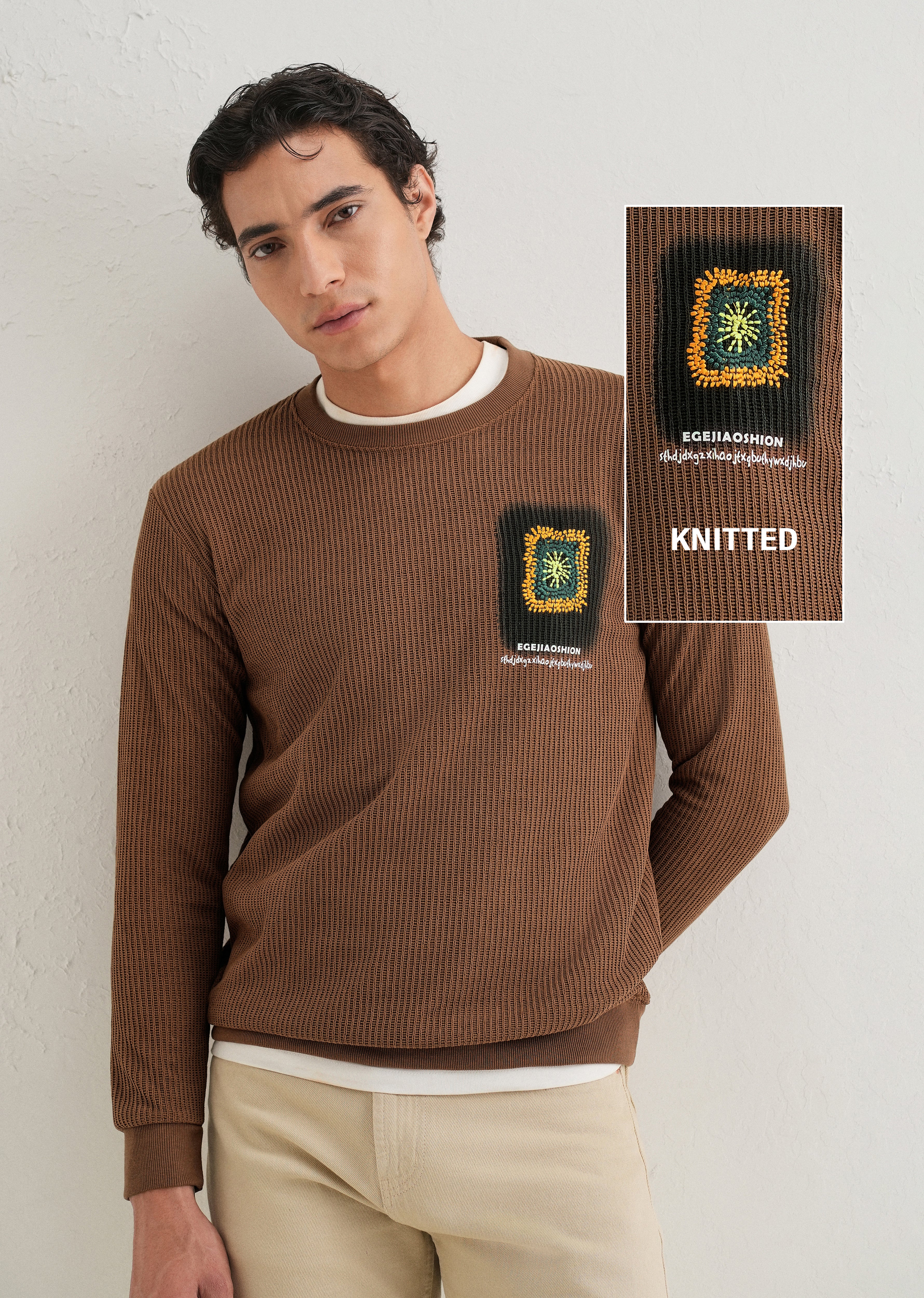 Brown Waffle Knit Embroidered Pullover - Image 7