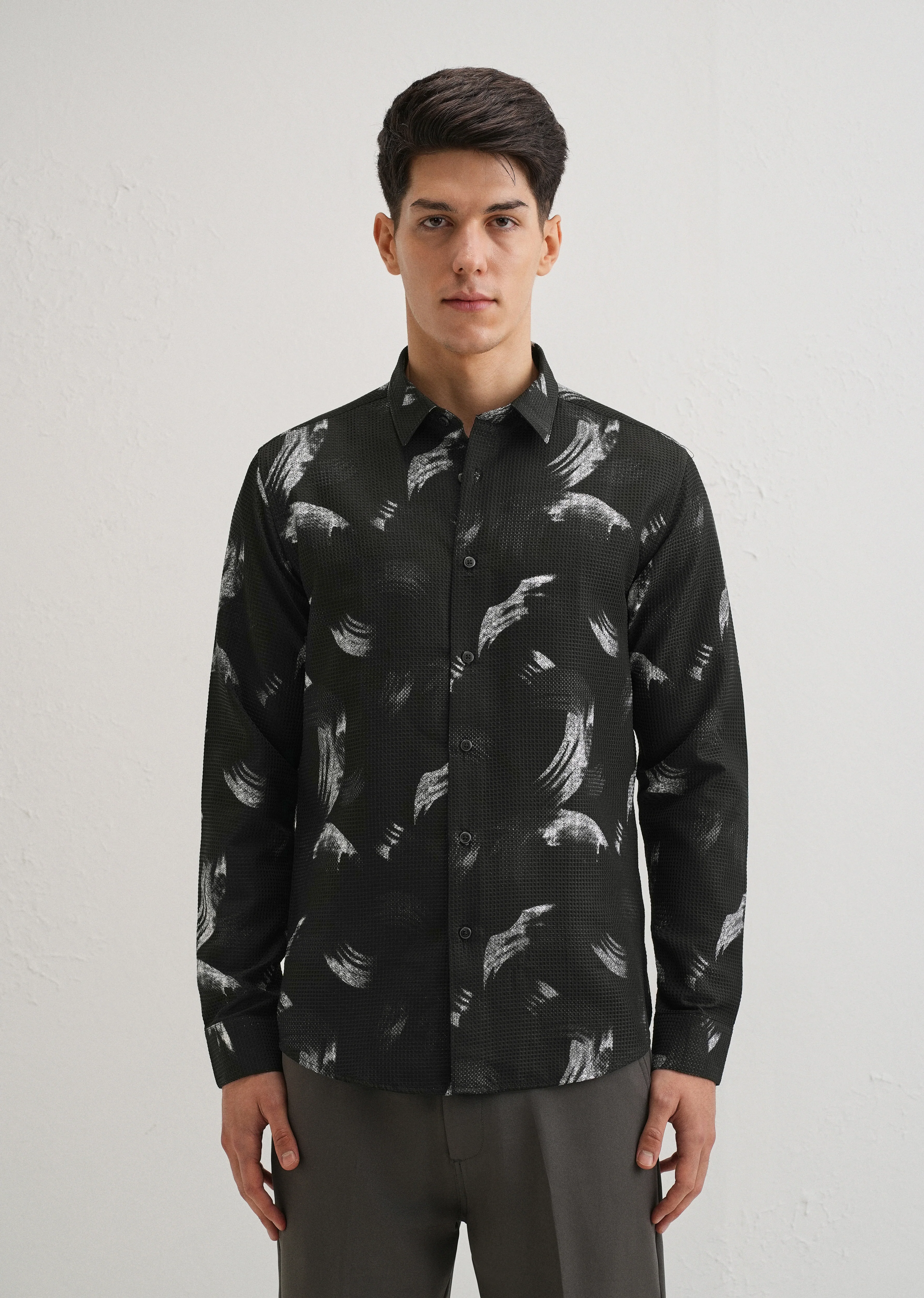 Brush Stroke Waffle Dobby Black Shirt - Image 3