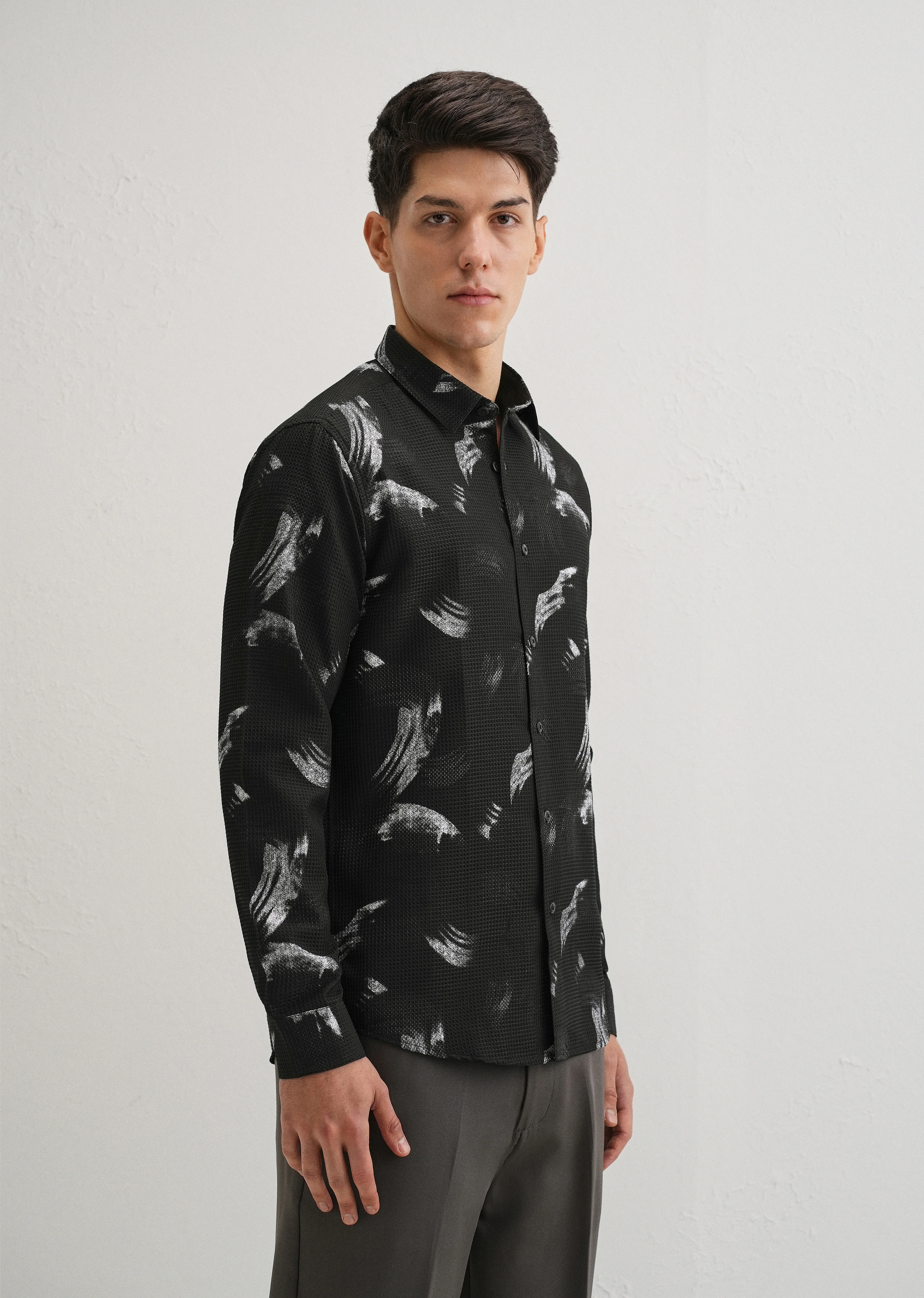 Brush Stroke Waffle Dobby Black Shirt - Image 4