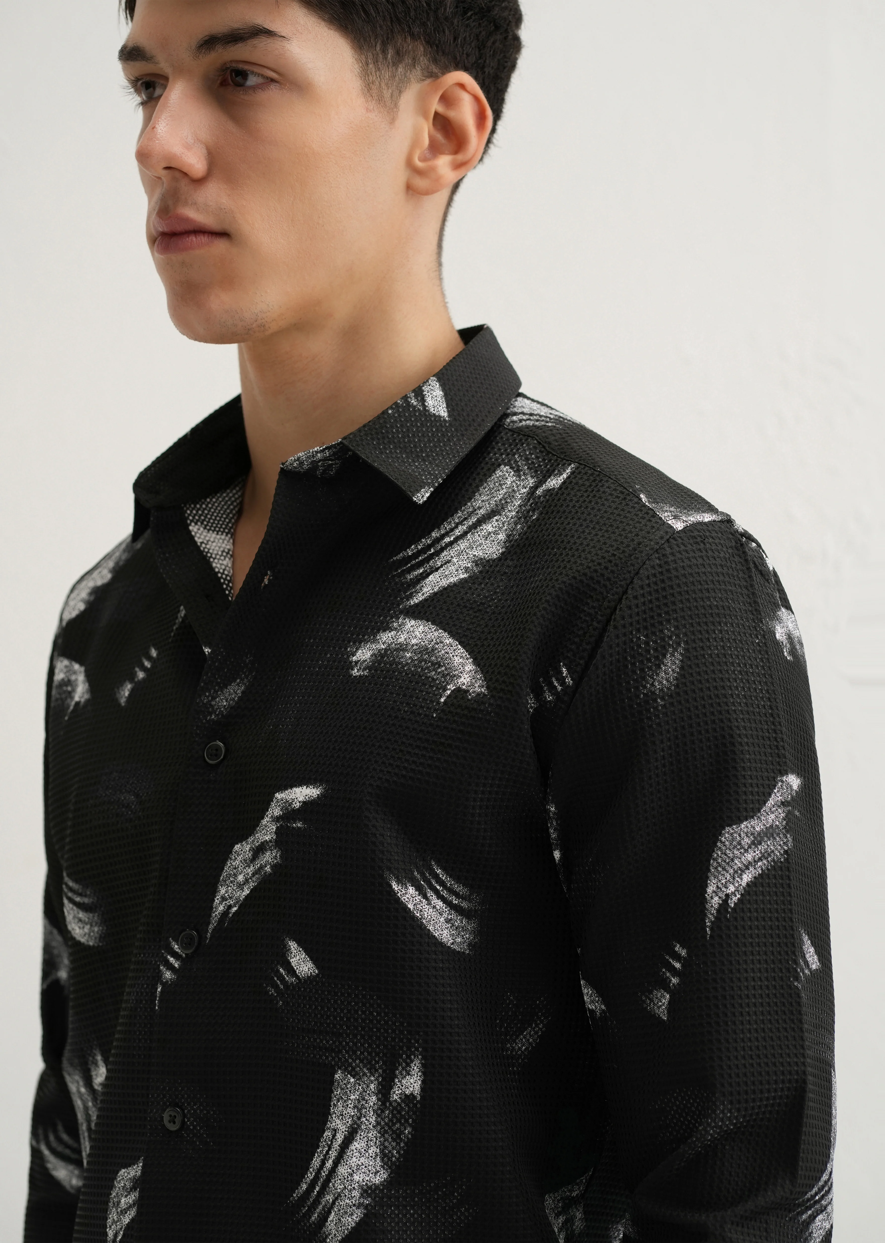 Brush Stroke Waffle Dobby Black Shirt - Image 5
