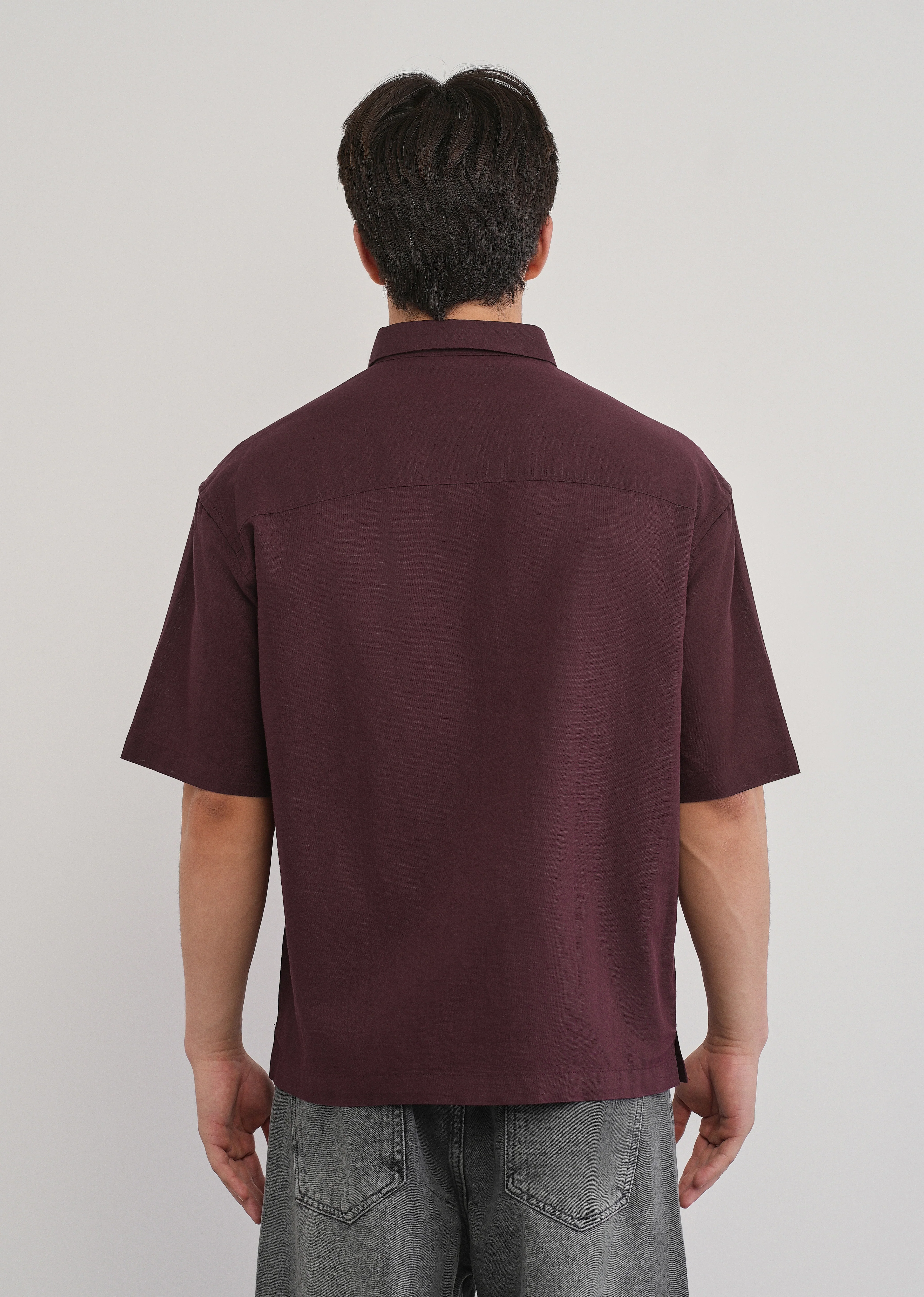 Burgundy Cotton Linen Half Sleeve Shirt - Image 2
