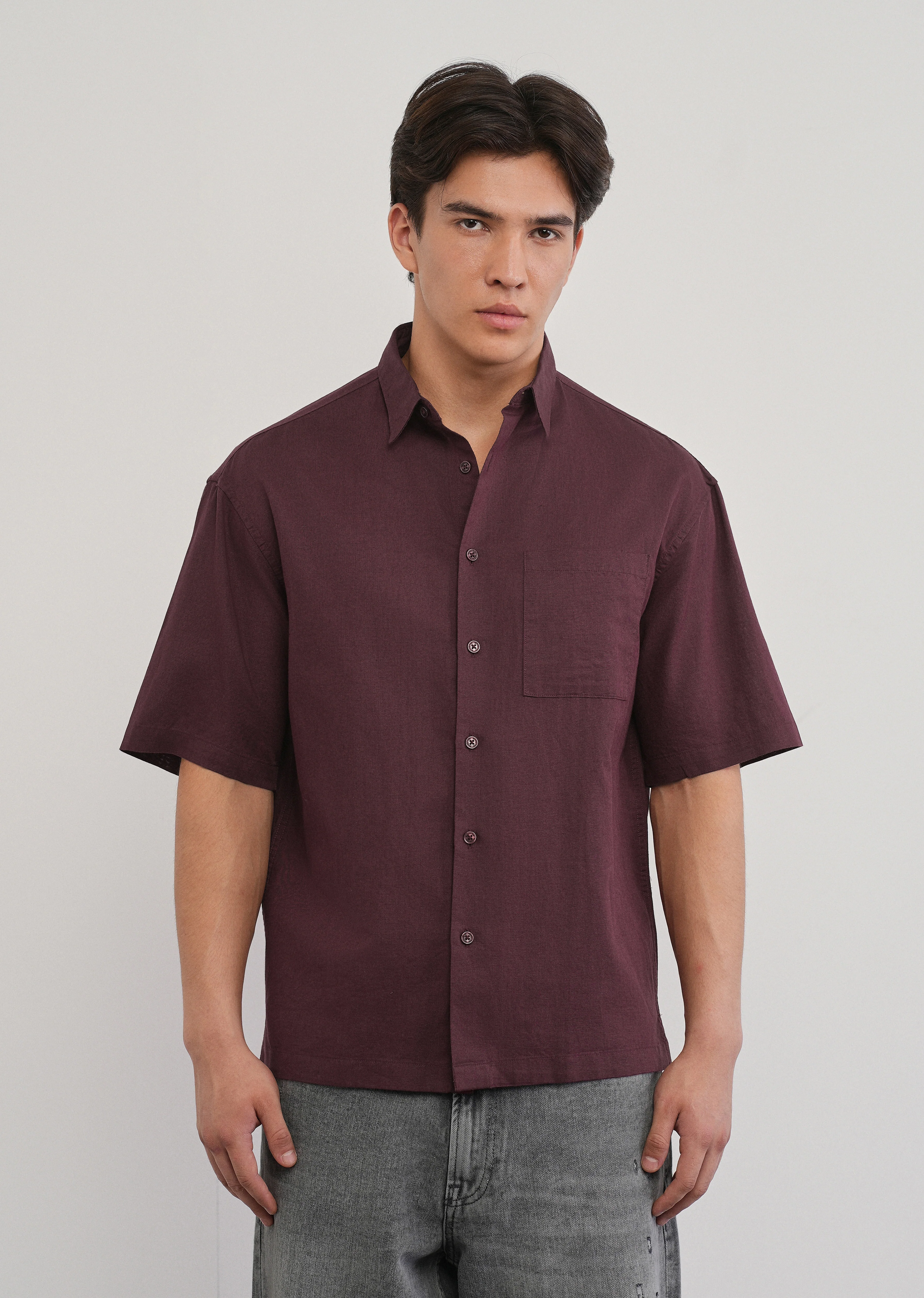 Burgundy Cotton Linen Half Sleeve Shirt - Image 3