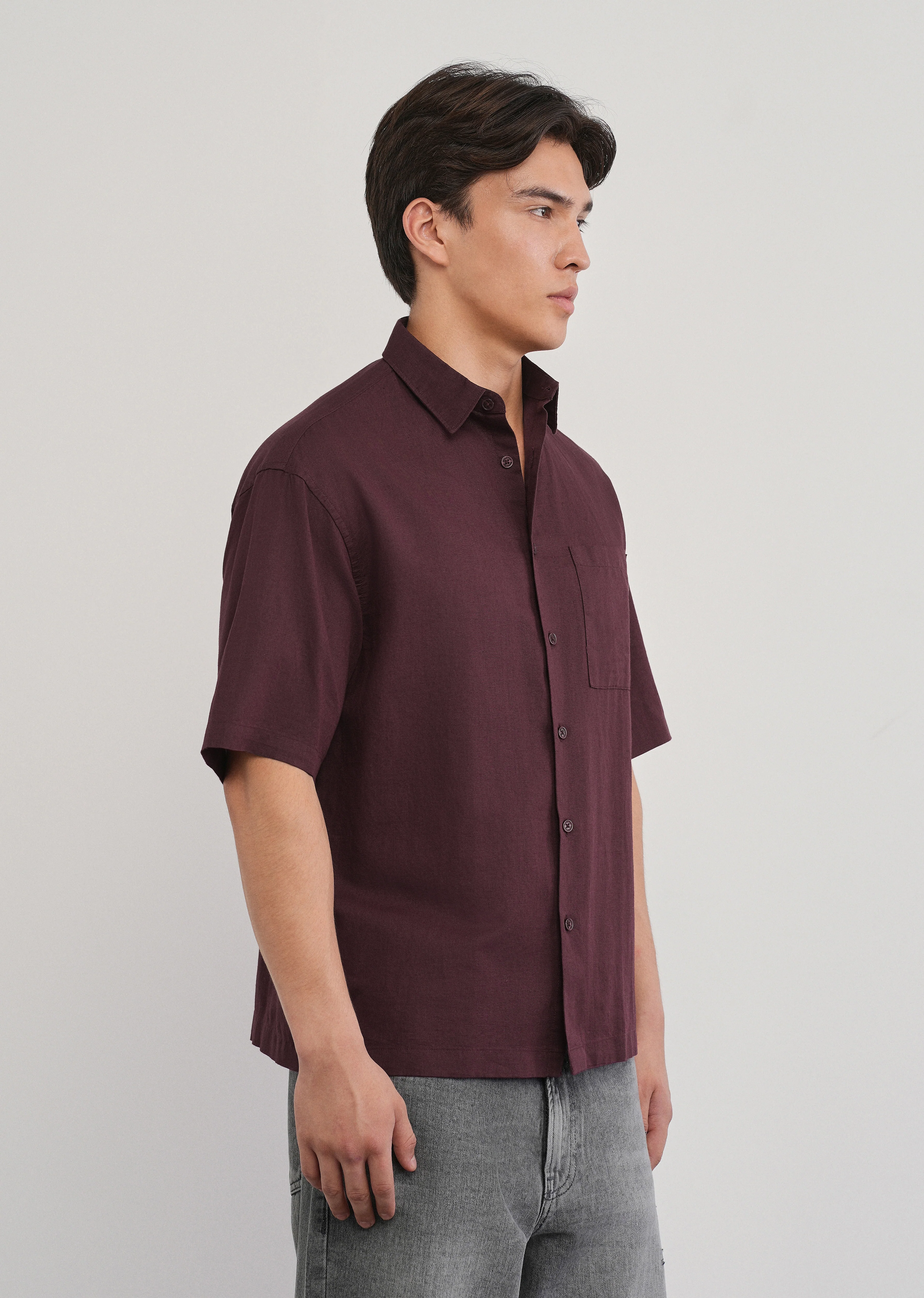 Burgundy Cotton Linen Half Sleeve Shirt - Image 4