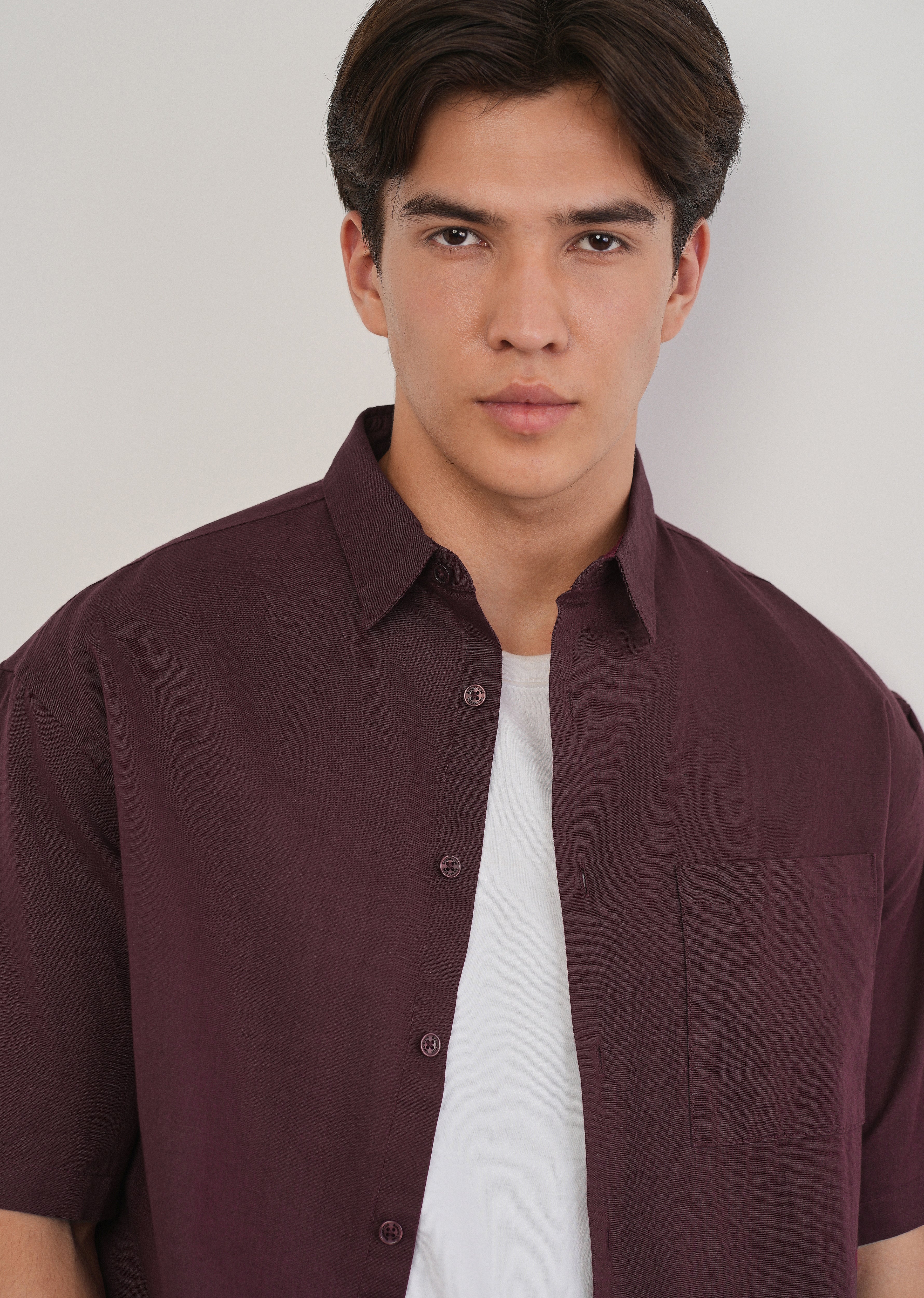 Burgundy Cotton Linen Half Sleeve Shirt - Image 5