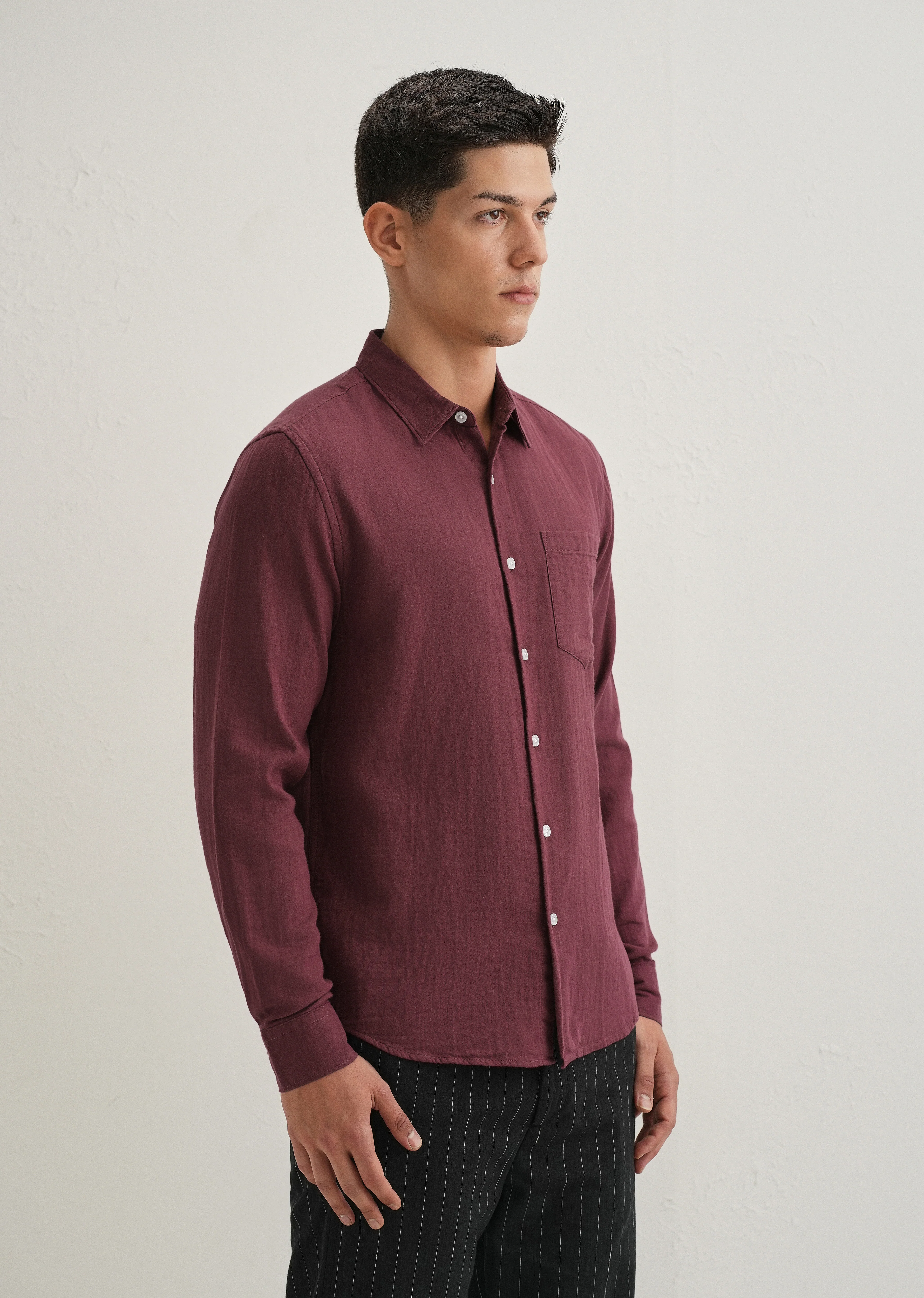 Burgundy Double Cloth Cotton Shirt - Image 4