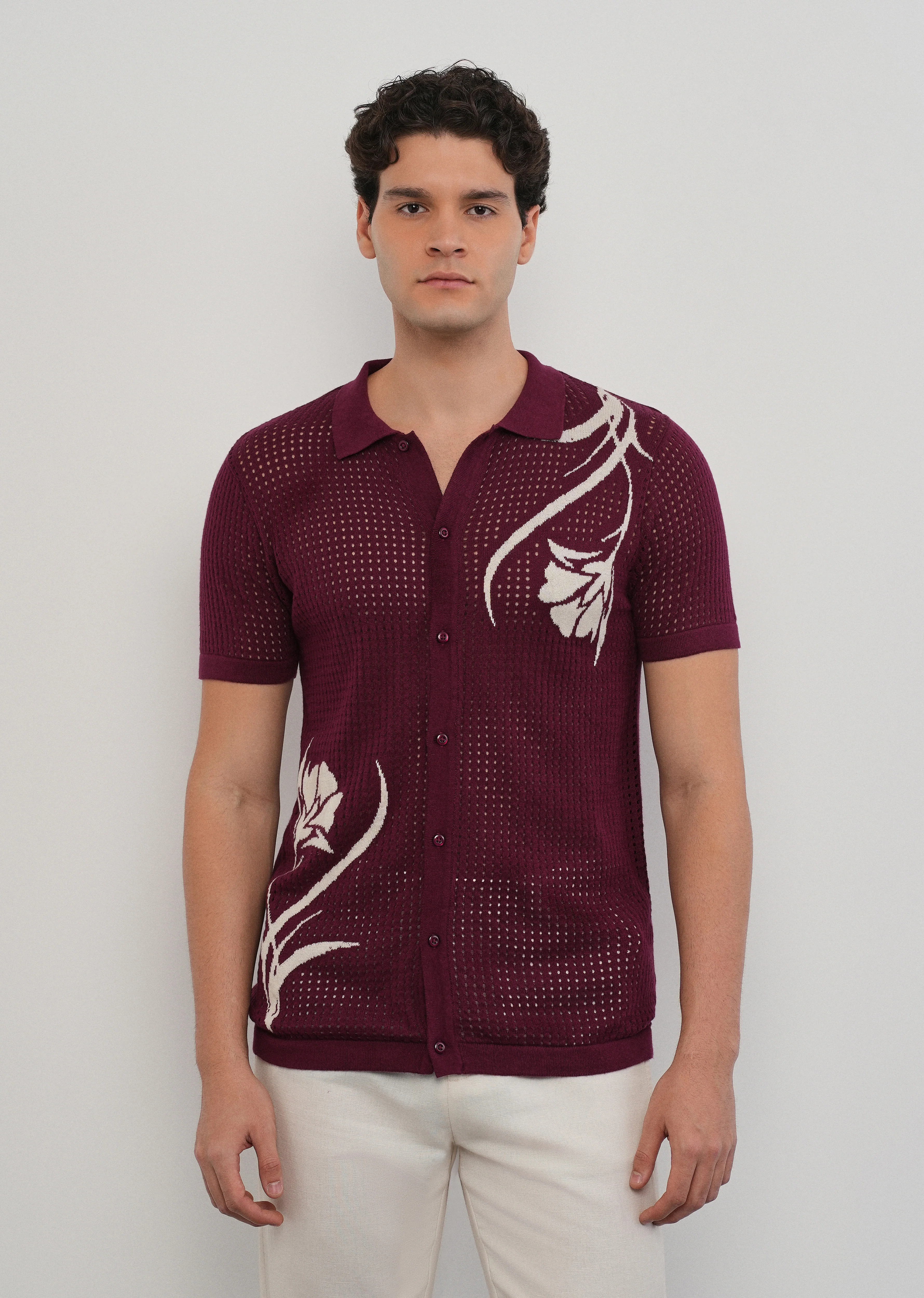Burgundy Floral Open Knit Shirt - Image 3