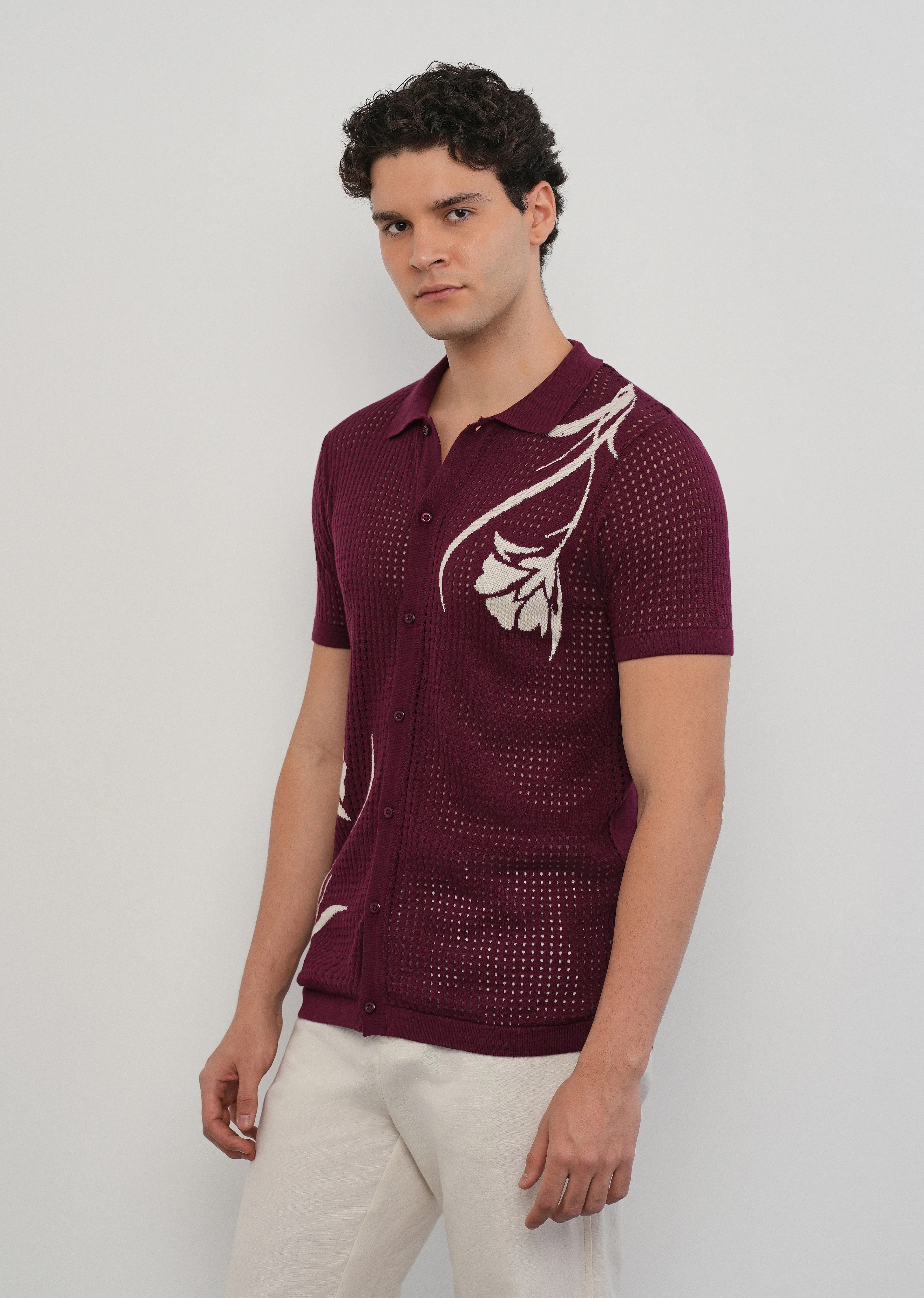 Burgundy Floral Open Knit Shirt - Image 4