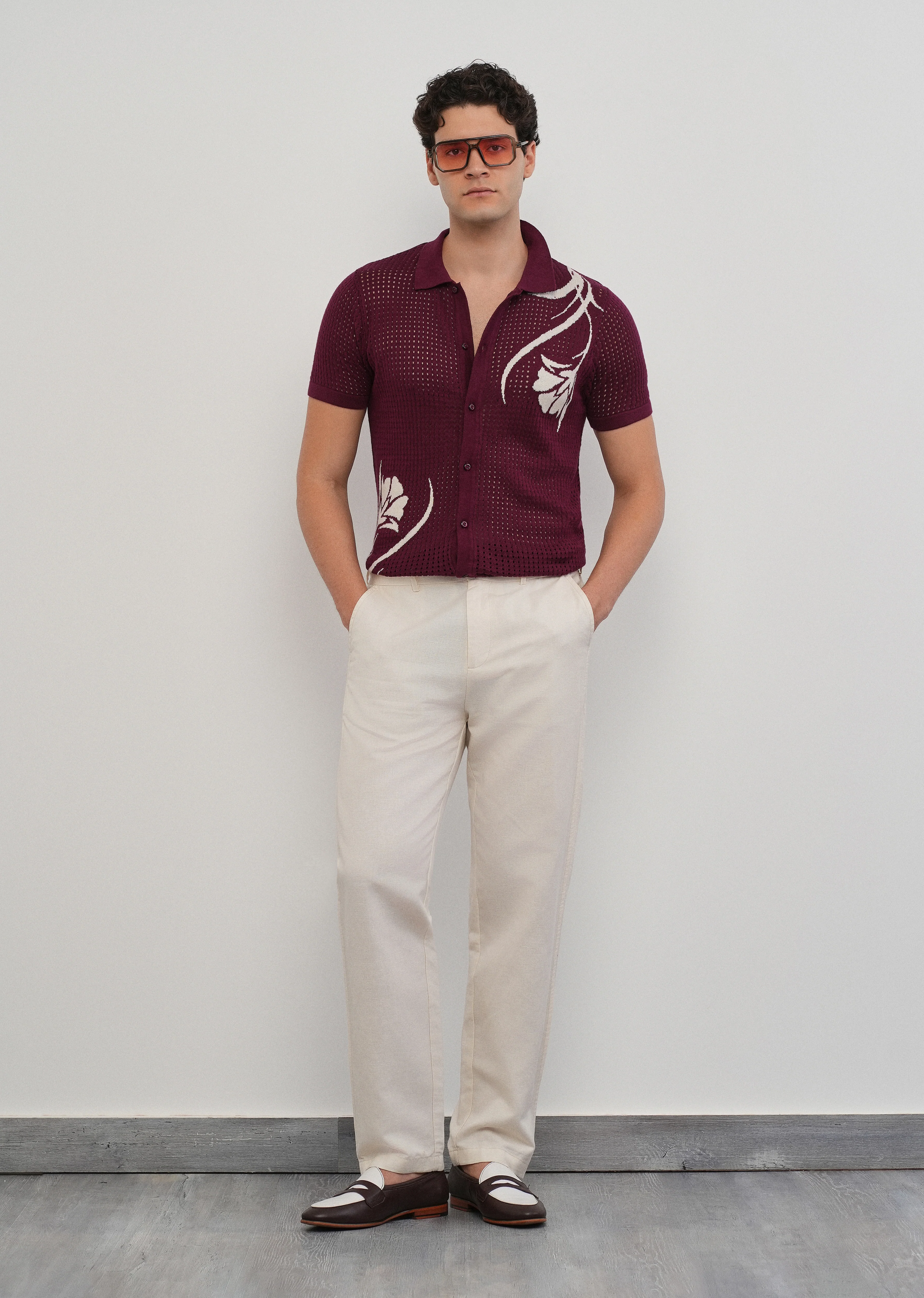 Burgundy Floral Open Knit Shirt - Image 6