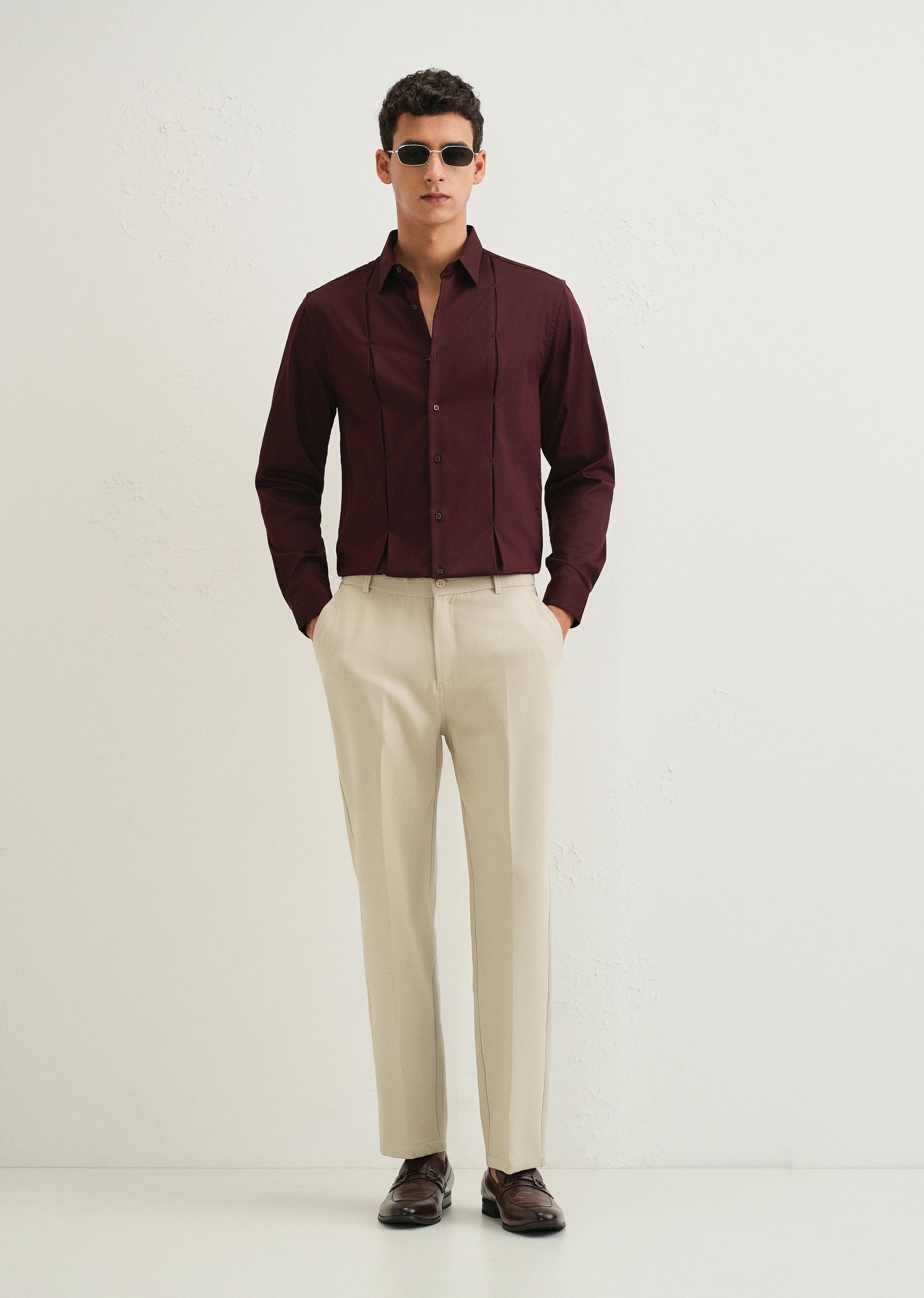Burgundy Front Panel Open Pleat Shirt - Image 6