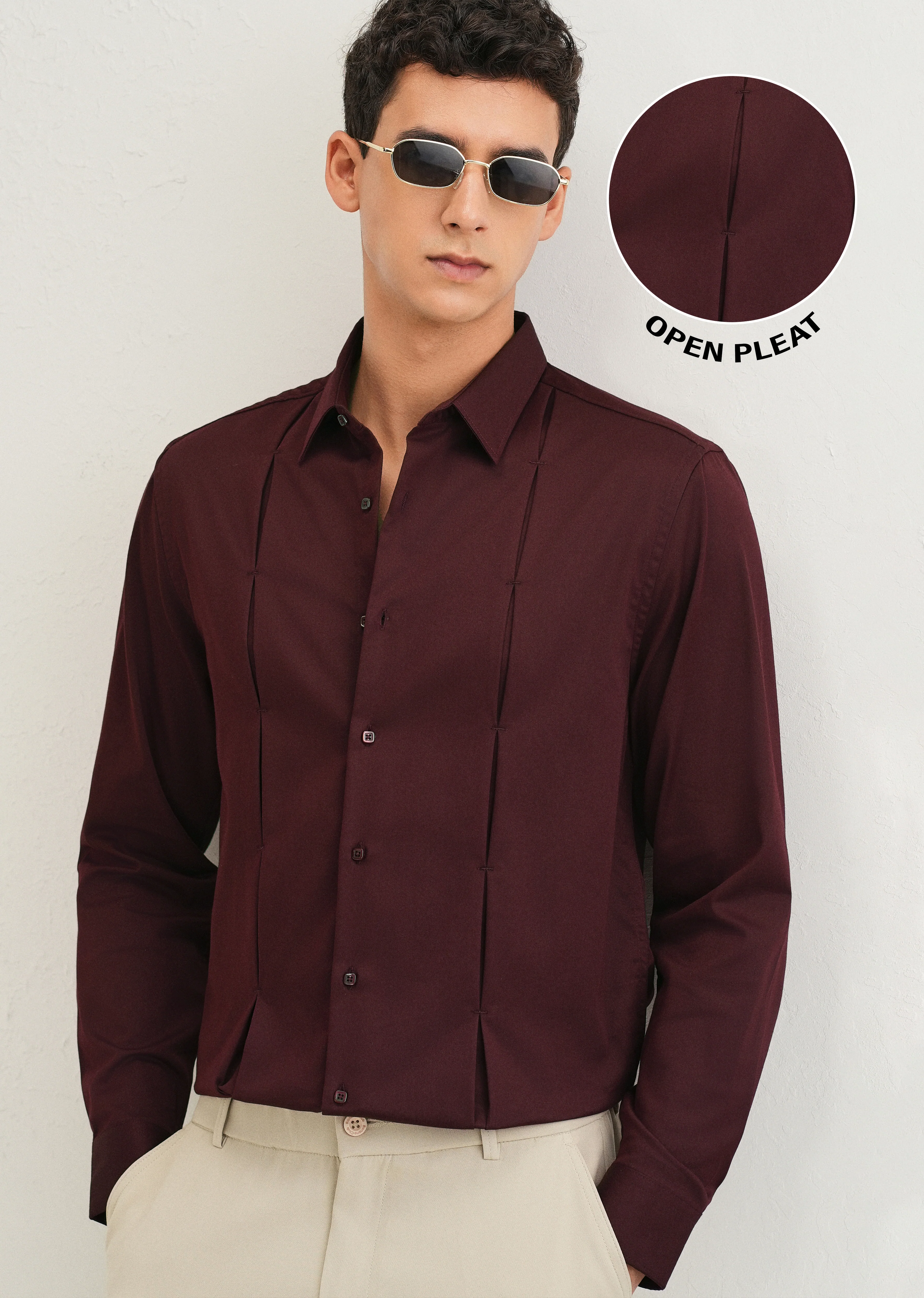 Burgundy Front Panel Open Pleat Shirt - Image 7