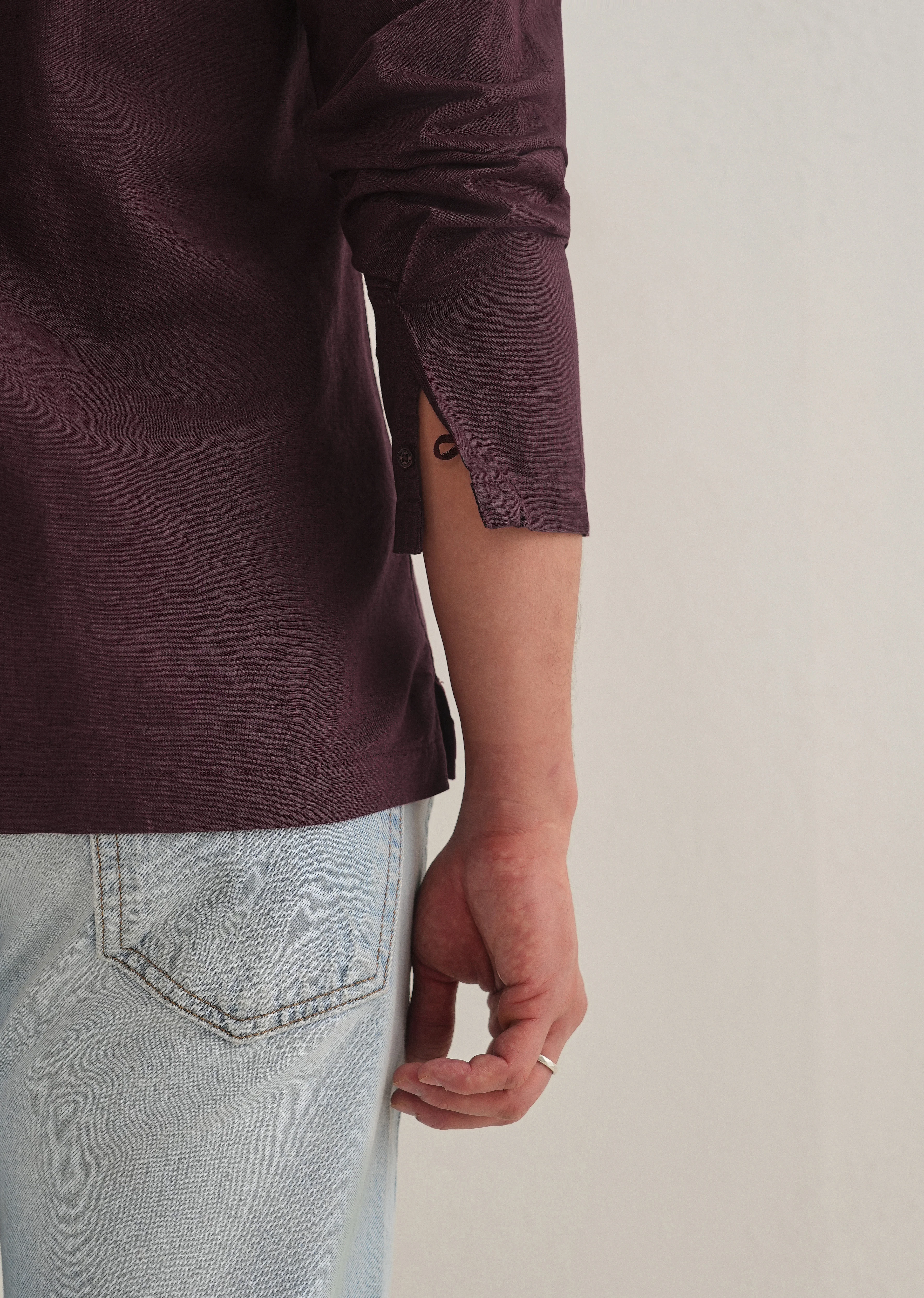 Burgundy Hidden Sleeve Placket Cotton Linen Shirt - Image 2