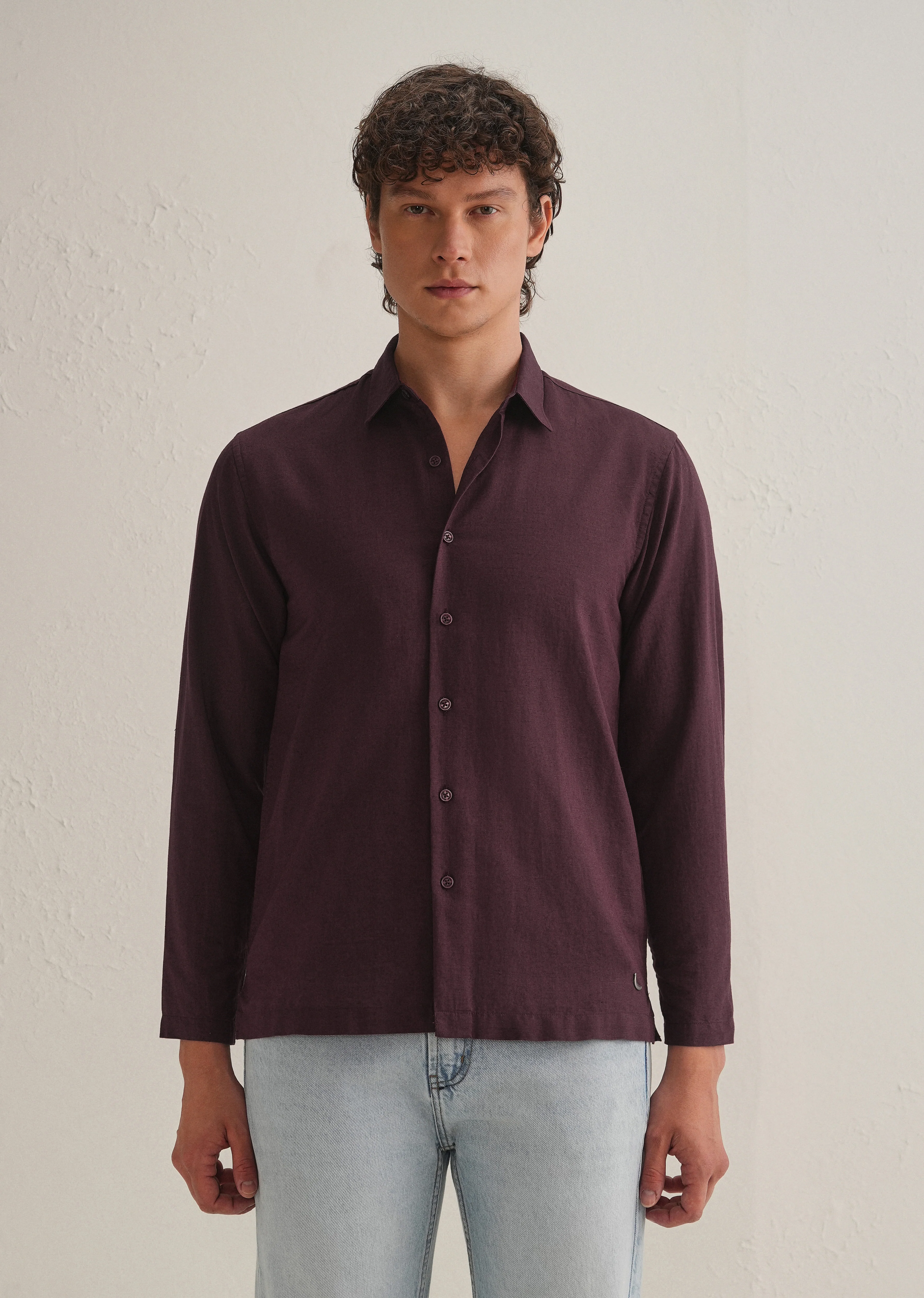 Burgundy Hidden Sleeve Placket Cotton Linen Shirt - Image 3