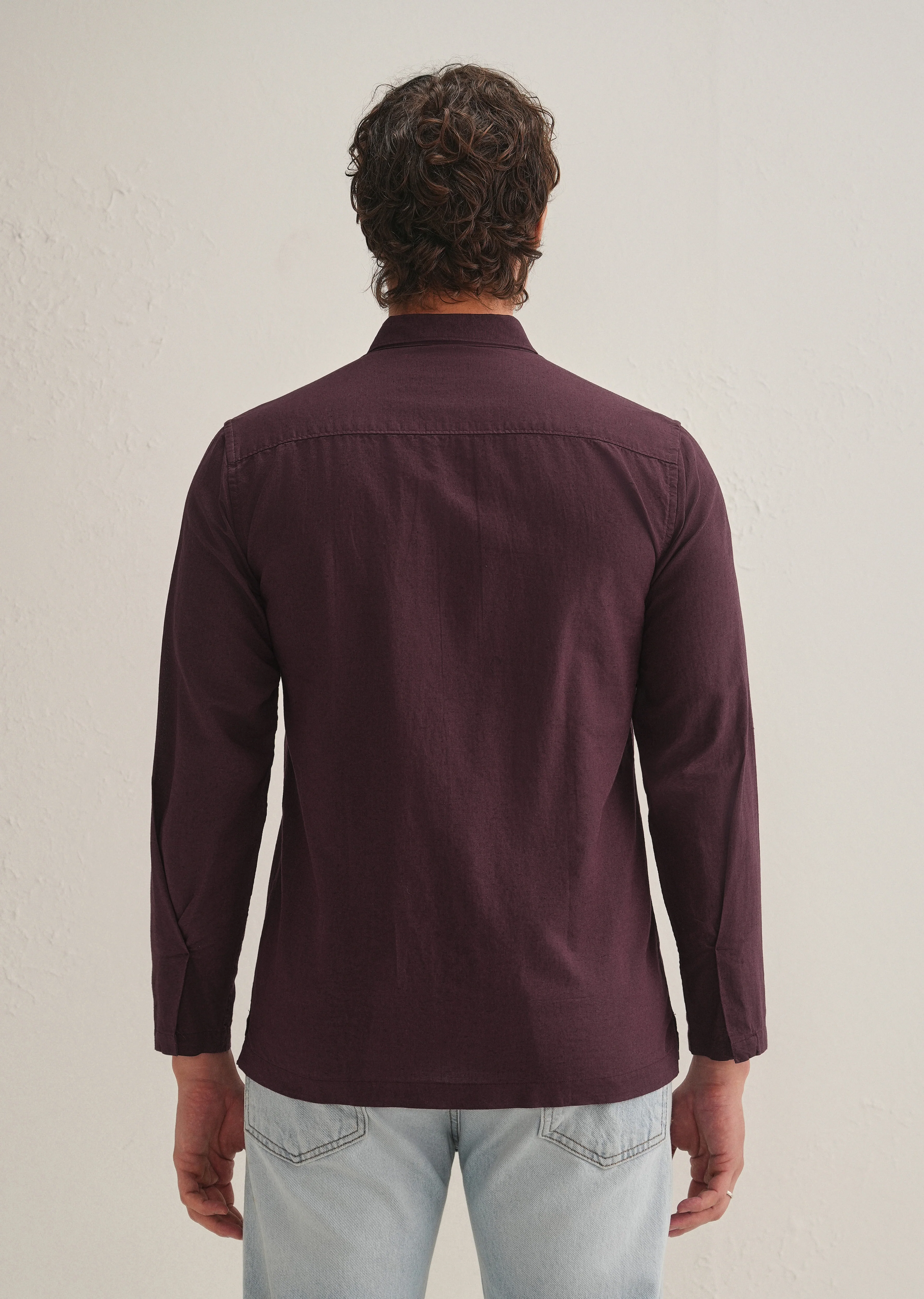 Burgundy Hidden Sleeve Placket Cotton Linen Shirt - Image 4