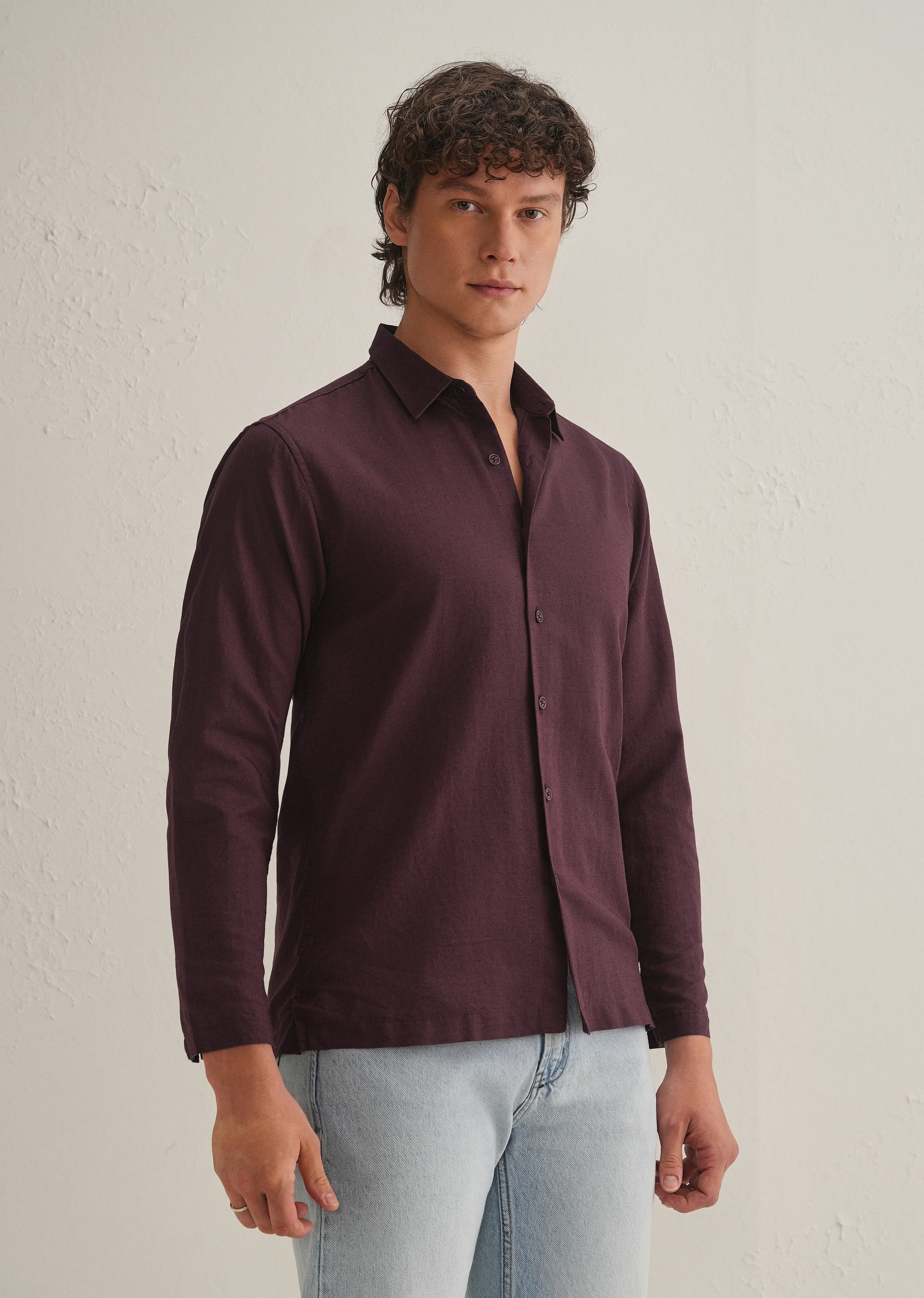 Burgundy Hidden Sleeve Placket Cotton Linen Shirt - Image 5