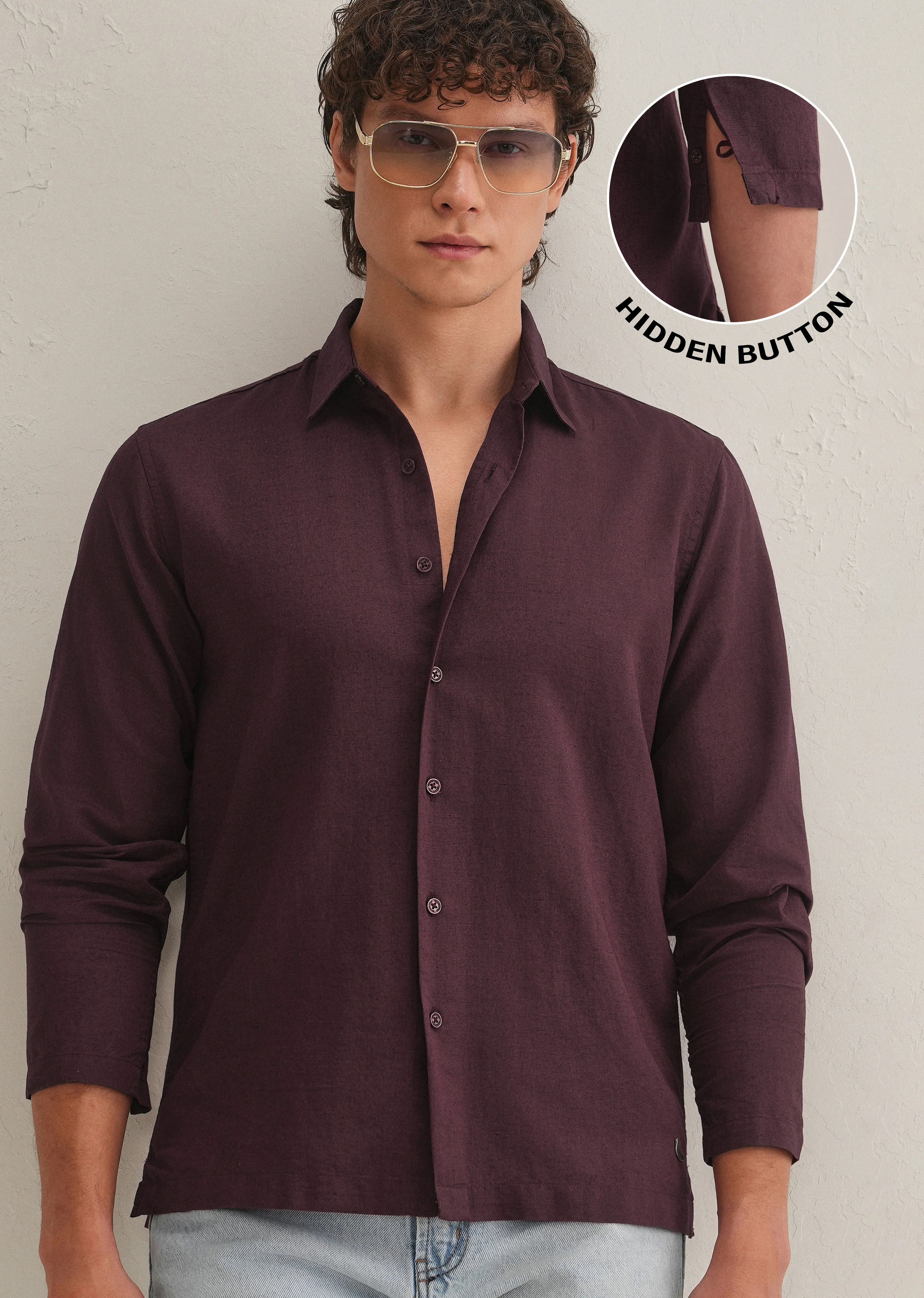Burgundy Hidden Sleeve Placket Cotton Linen Shirt - Image 8