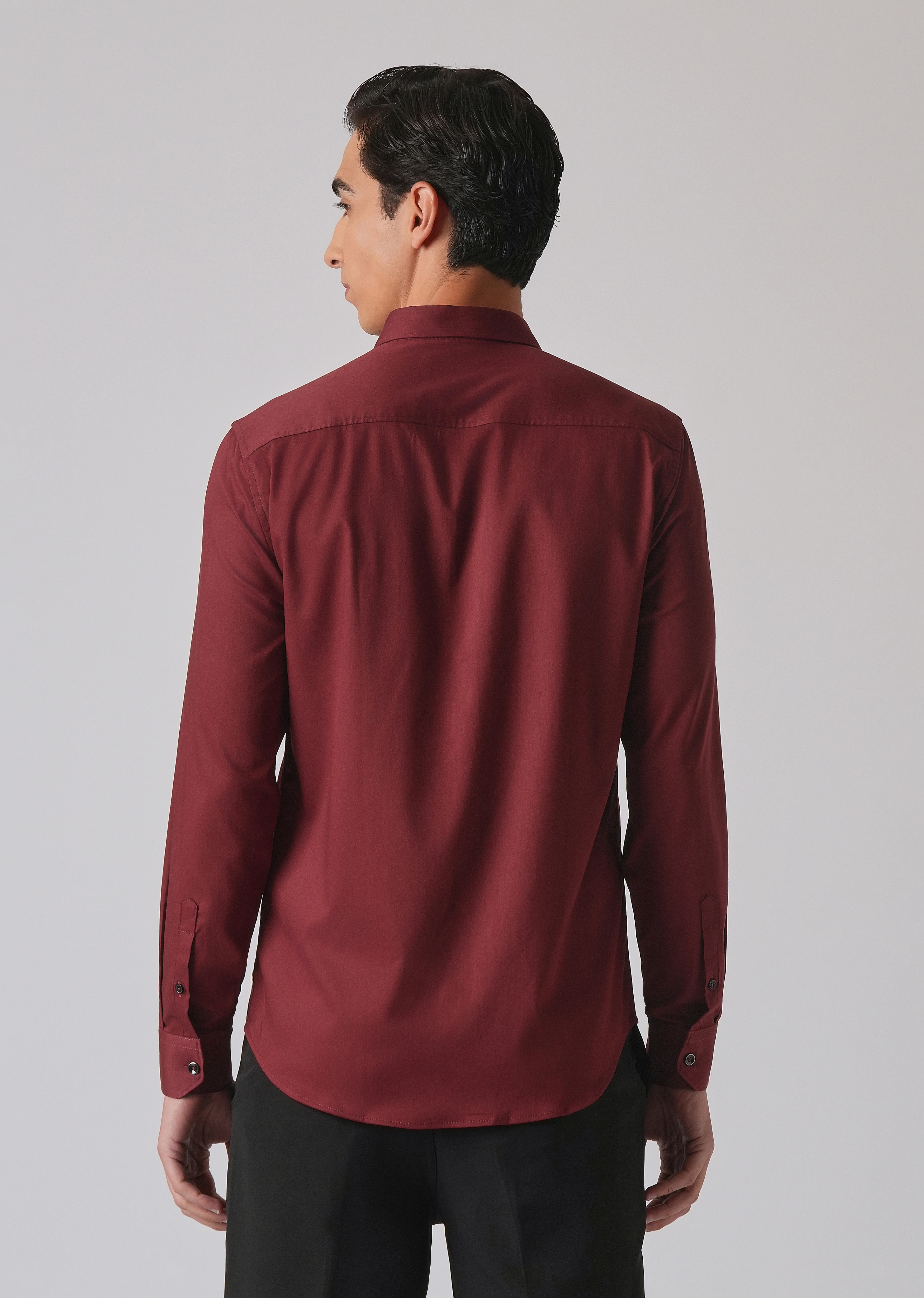Burgundy Red Cotton Stretch Plain Shirt - Image 2