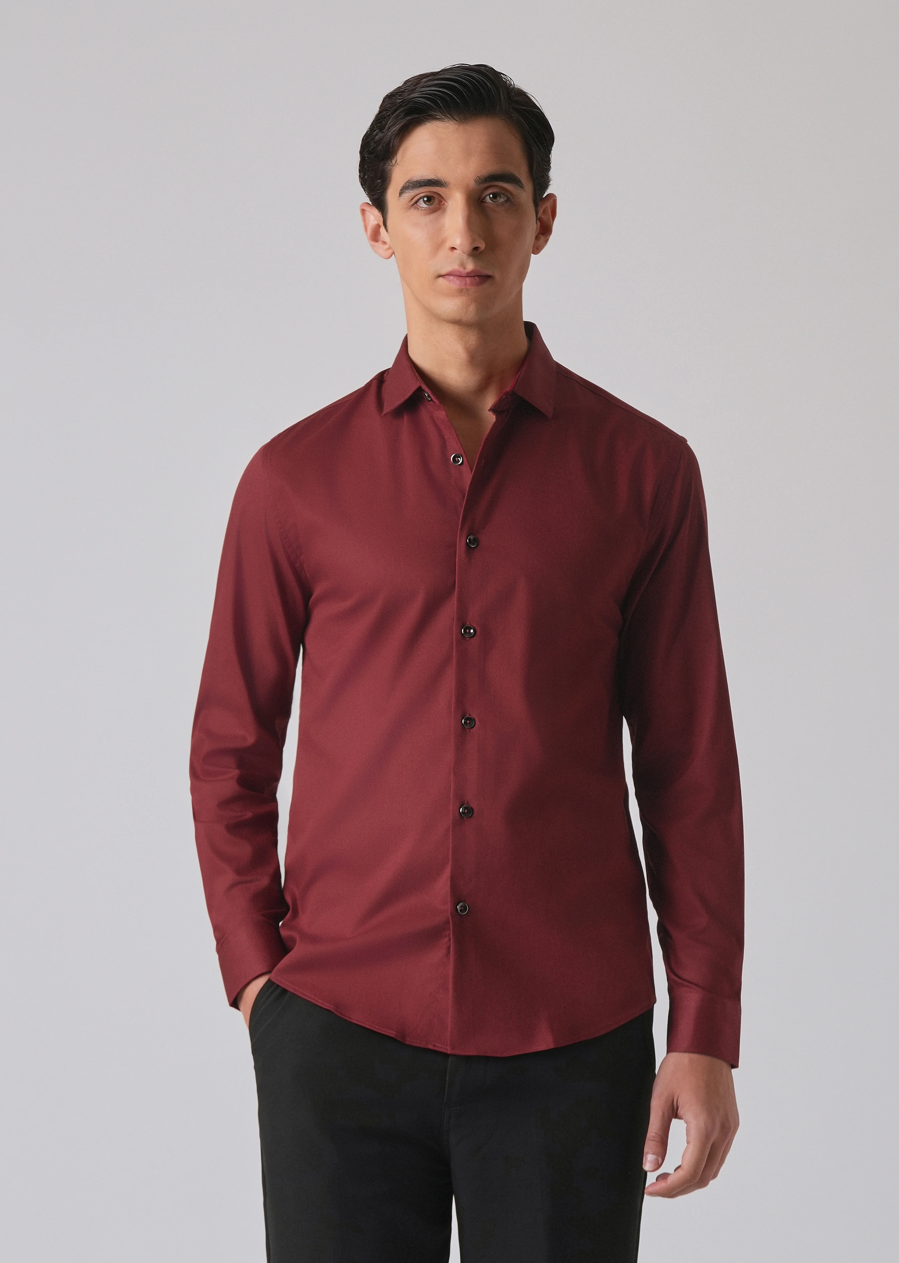 Burgundy Red Cotton Stretch Plain Shirt - Image 3