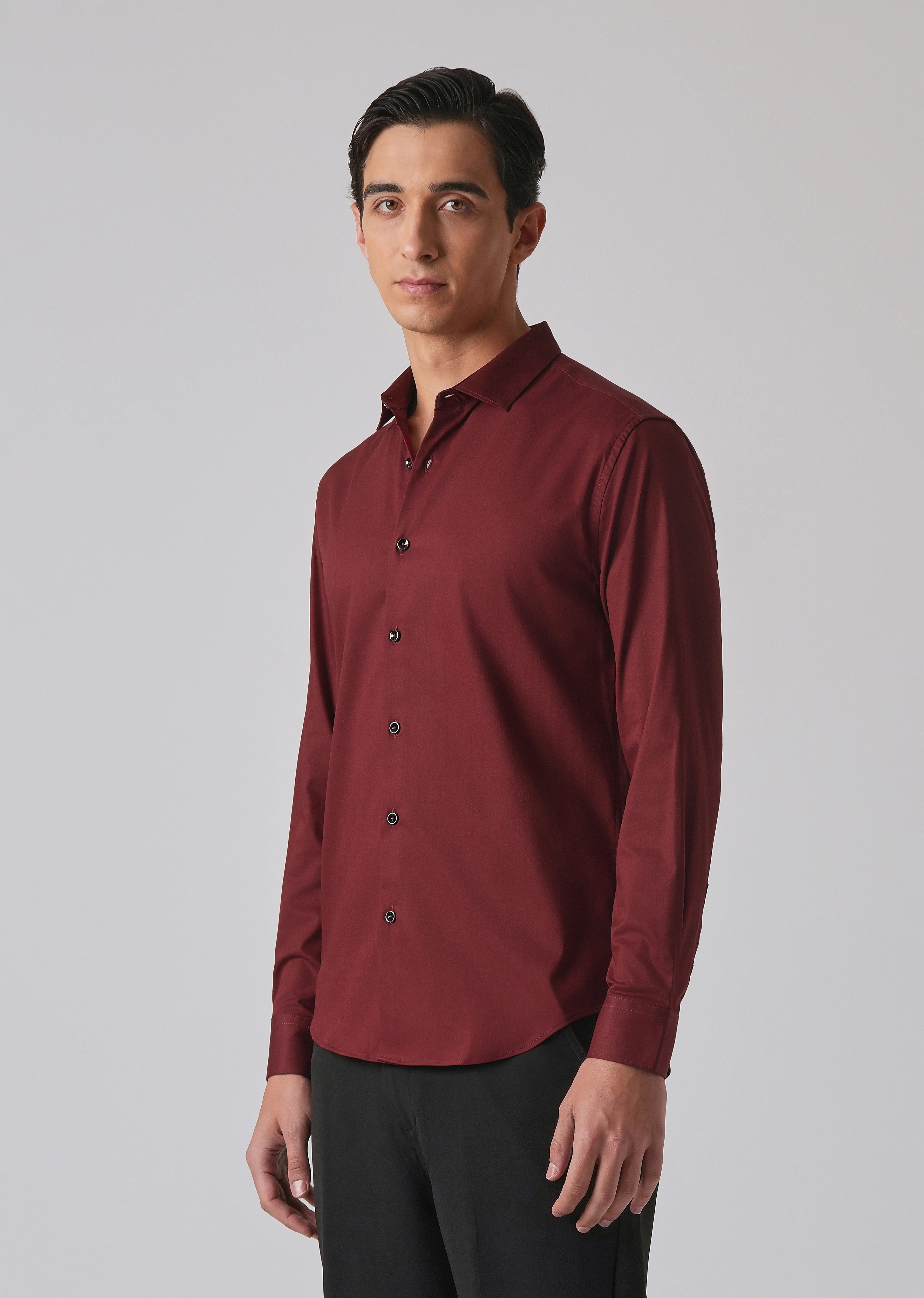 Burgundy Red Cotton Stretch Plain Shirt - Image 4