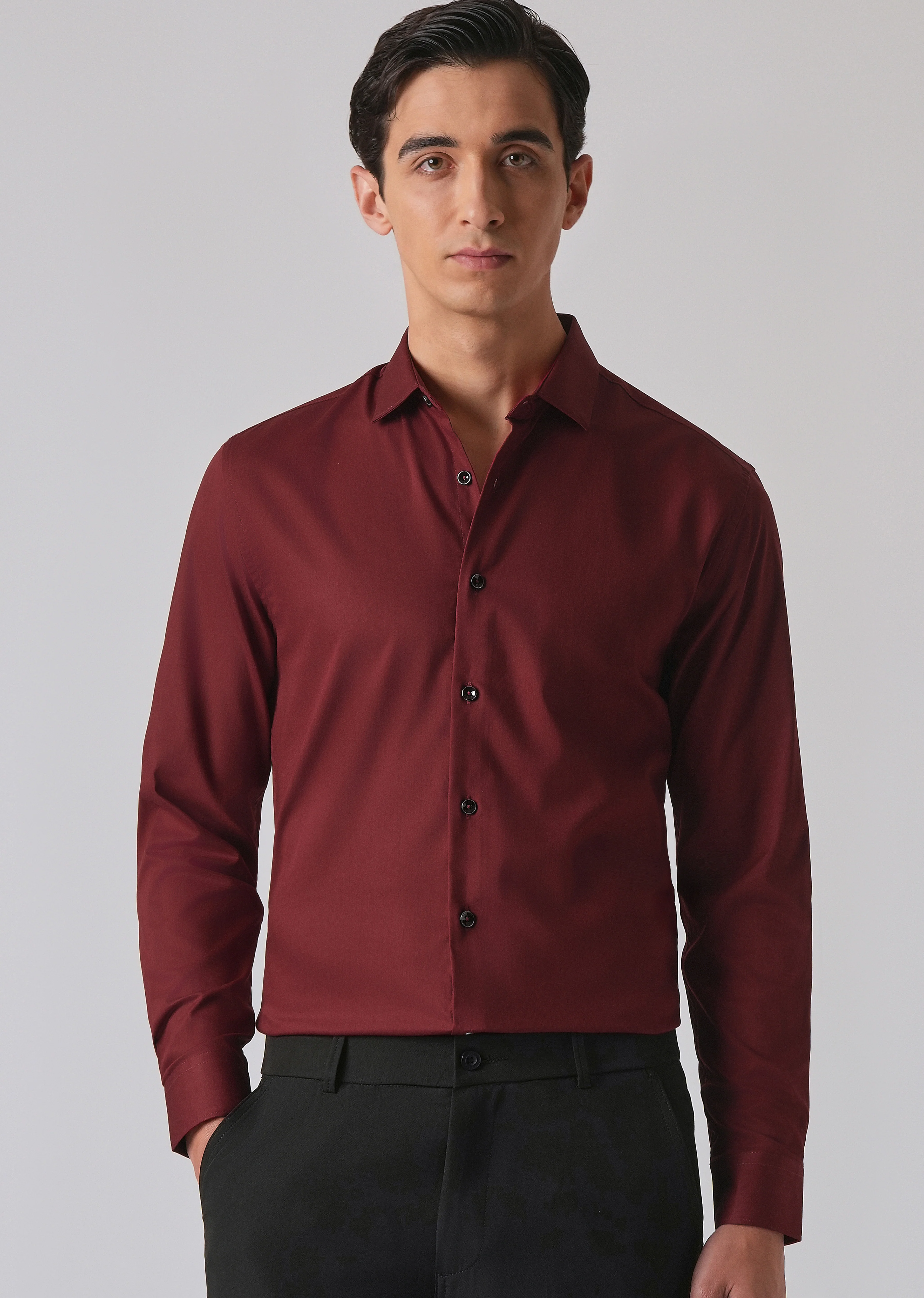 Burgundy Red Cotton Stretch Plain Shirt - Image 7