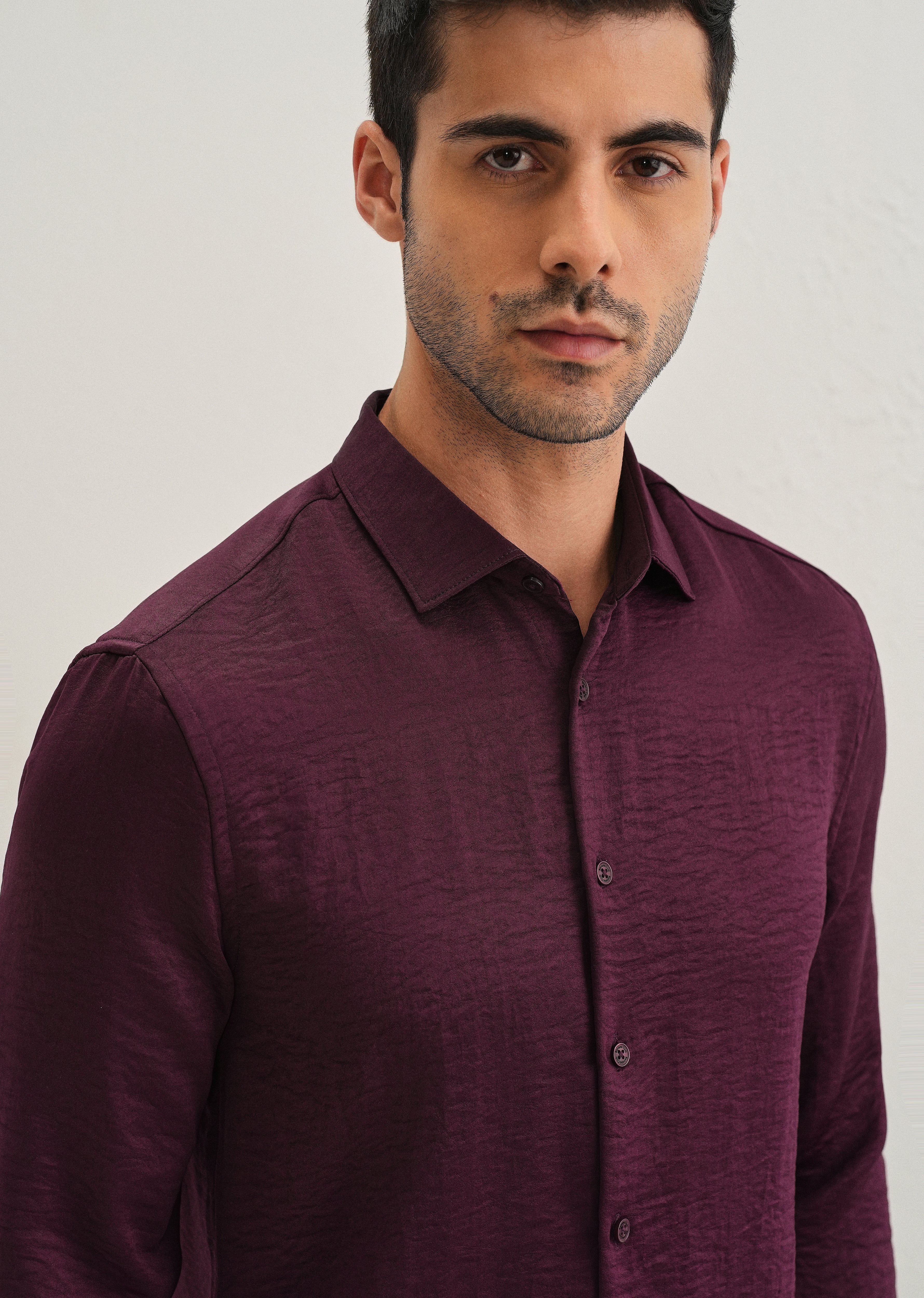 Burgundy Red Plain Crushed Satin Shirt - Image 5