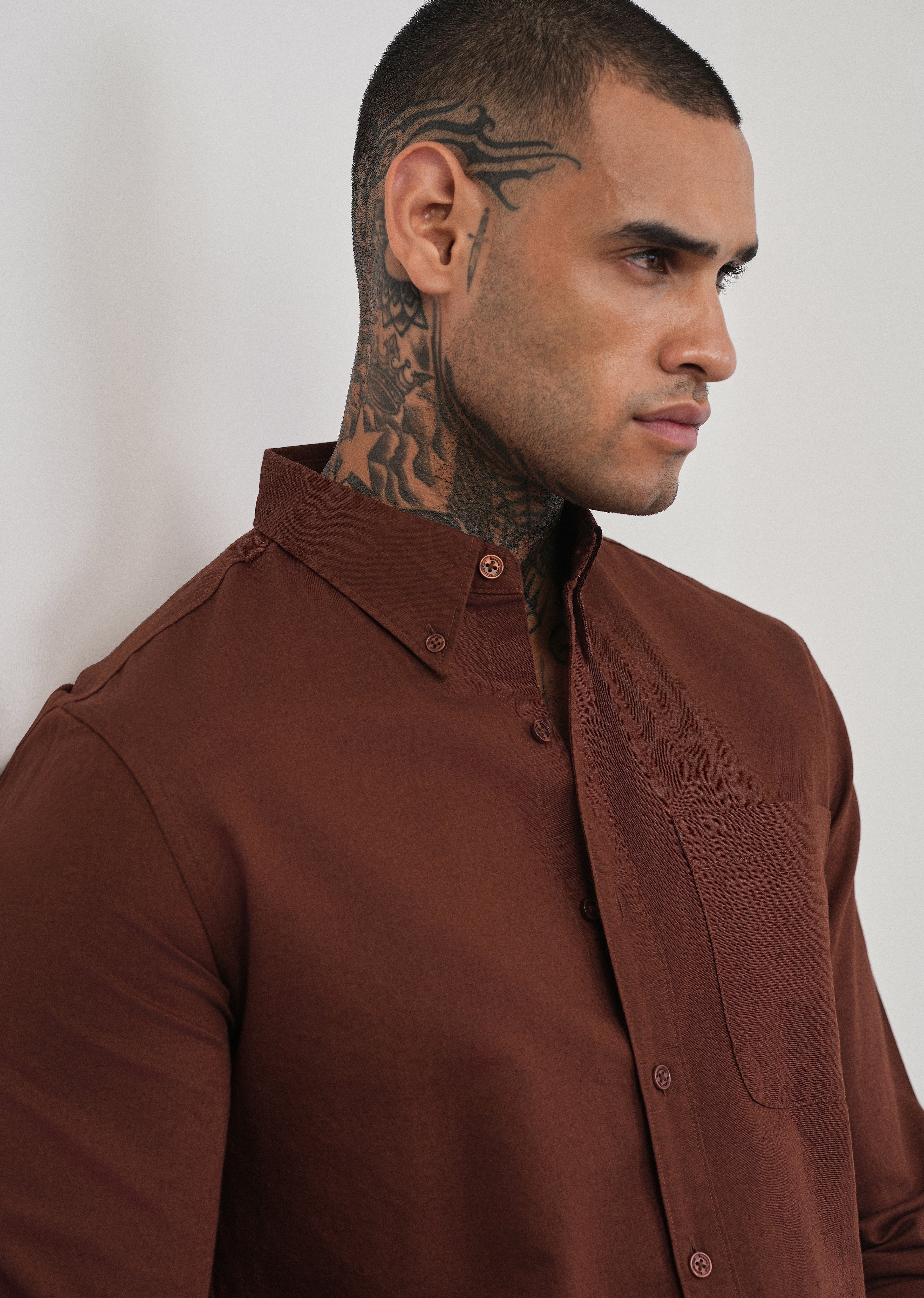 Burnt Maroon Cotton Linen Plain Shirt - Image 5